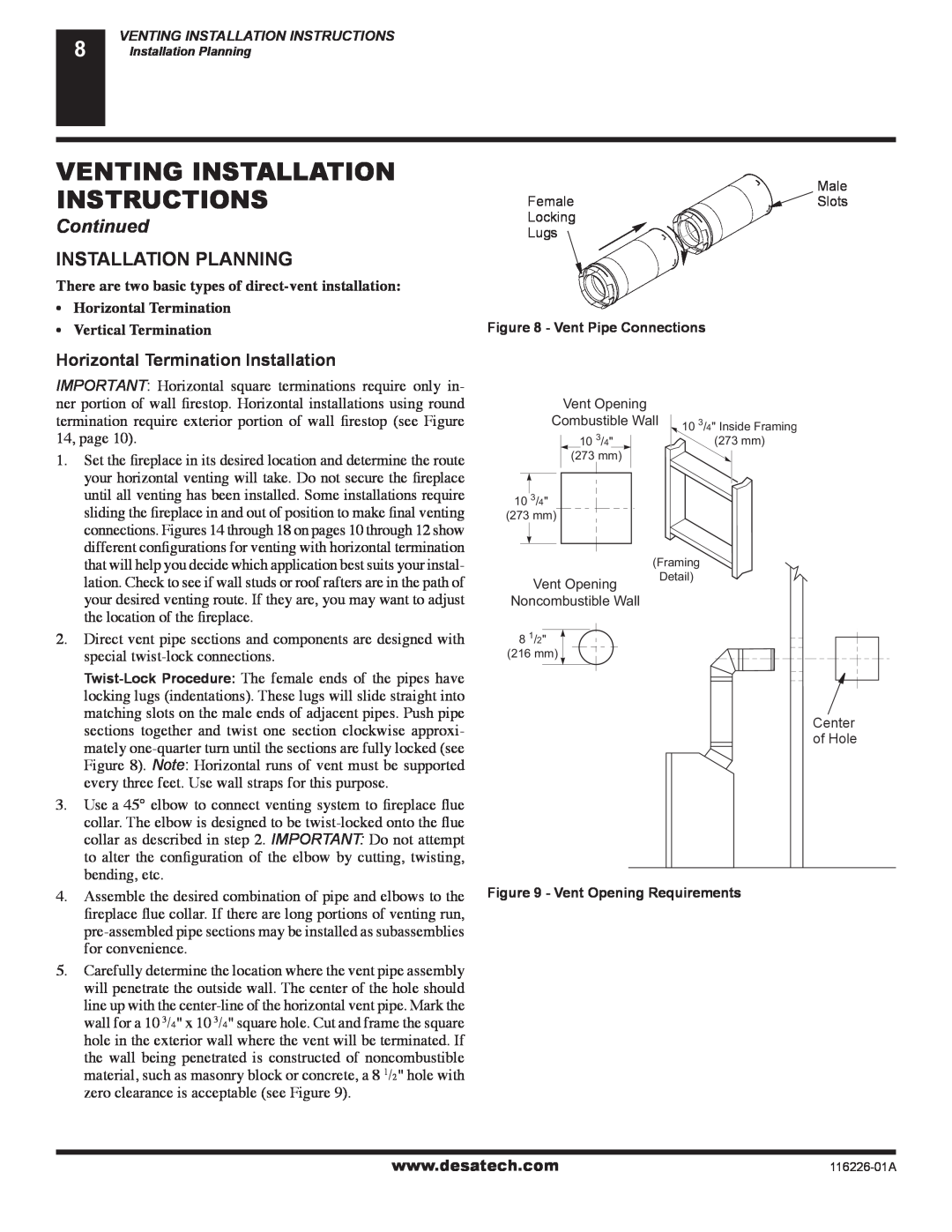 Desa (V)KC36N Installation Planning, Horizontal Termination Installation, Venting Installation Instructions, Continued 