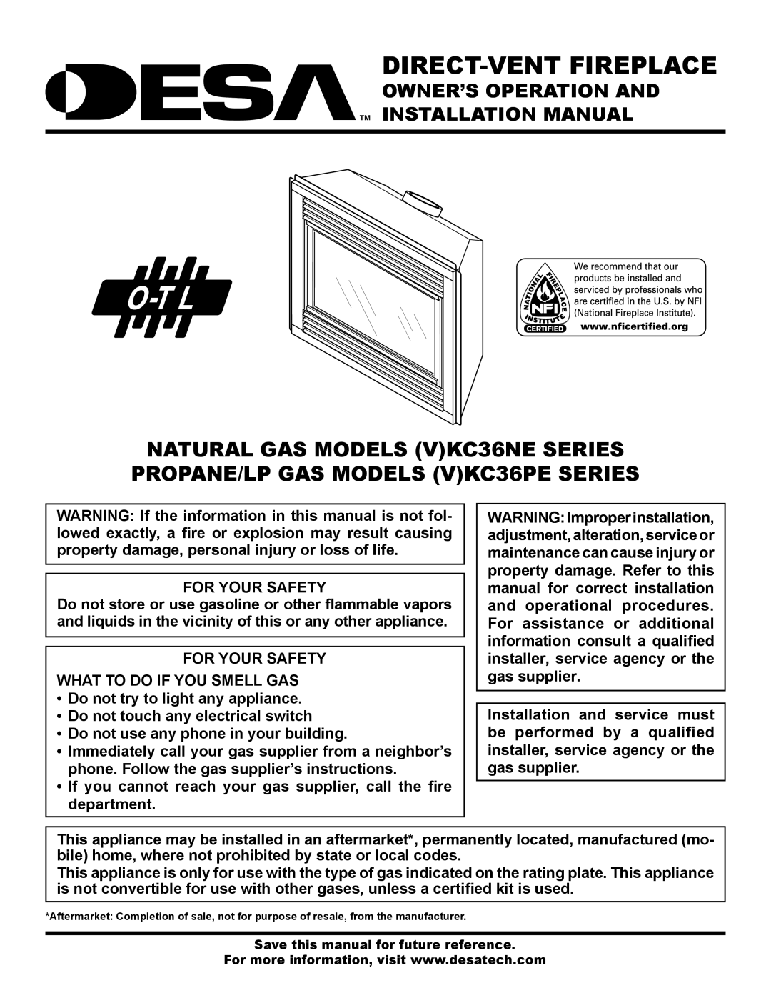 Desa (V)KC36NE installation manual For Your Safety What to do if YOU Smell GAS 