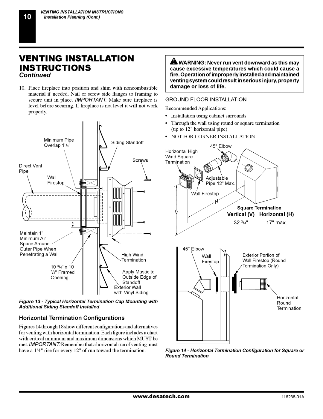 Desa (V)KC36NE installation manual Horizontal Termination Conﬁgurations 