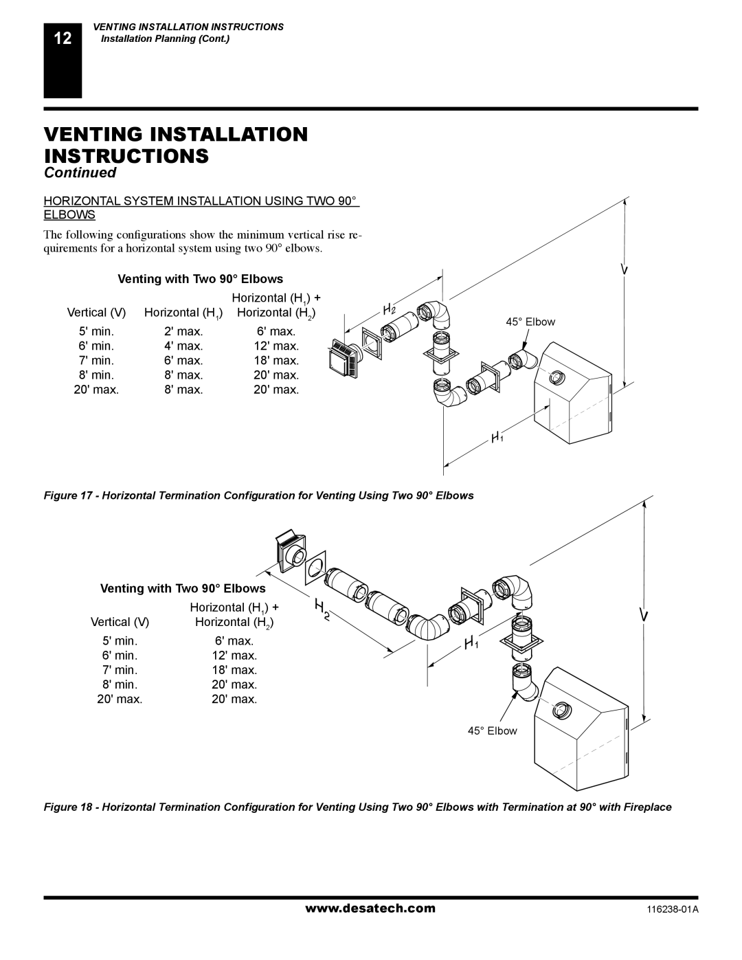 Desa (V)KC36NE installation manual Venting with Two 90 Elbows 