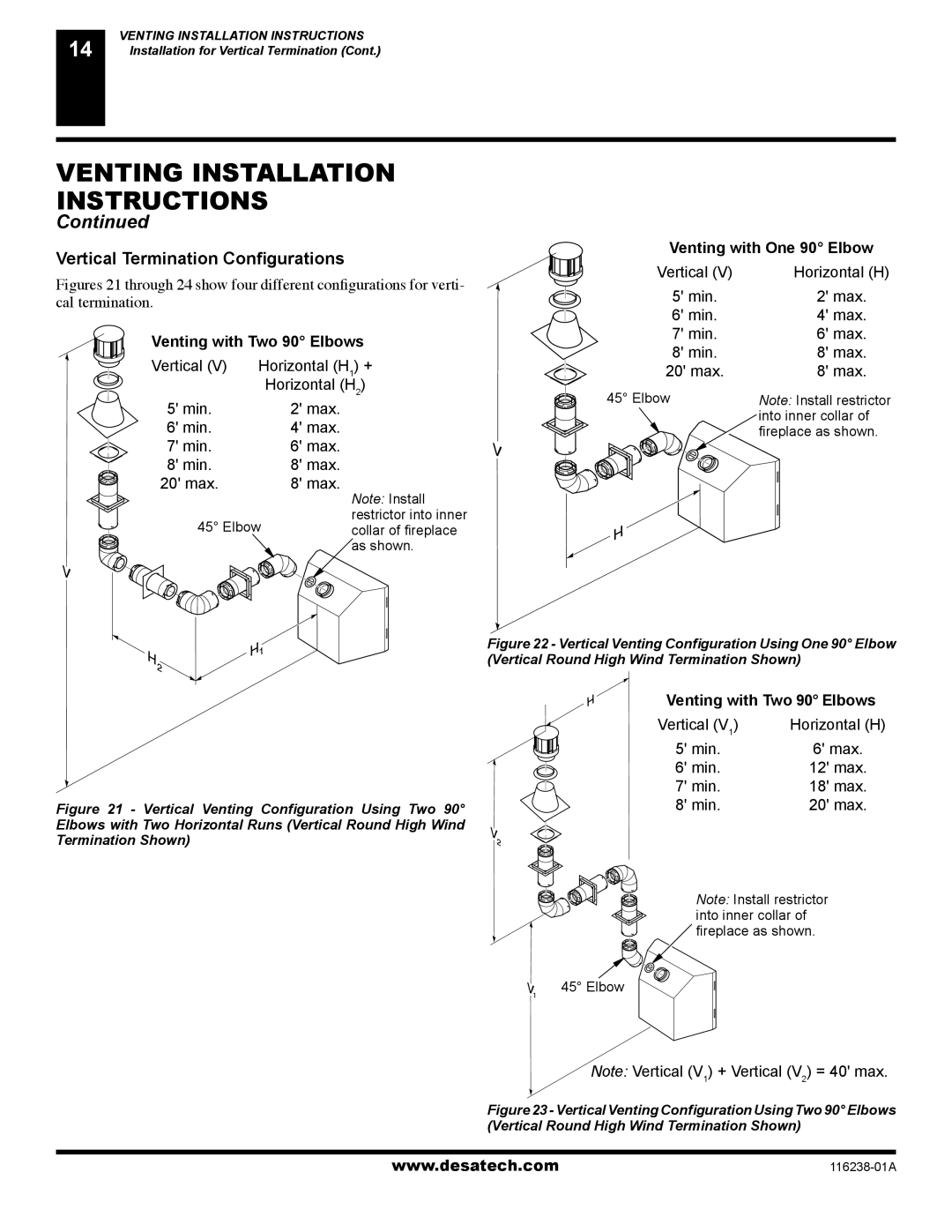 Desa (V)KC36NE installation manual Vertical Termination Conﬁgurations, Elbow Into inner collar ﬁreplace as shown 