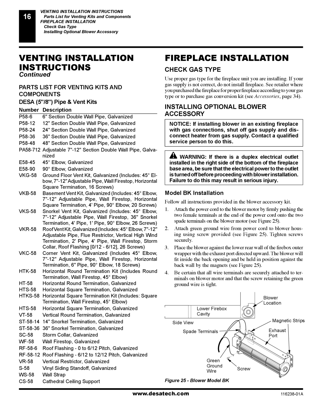 Desa (V)KC36NE Venting Installation, Fireplace Installation Check GAS Type, Installing Optional Blower Accessory 