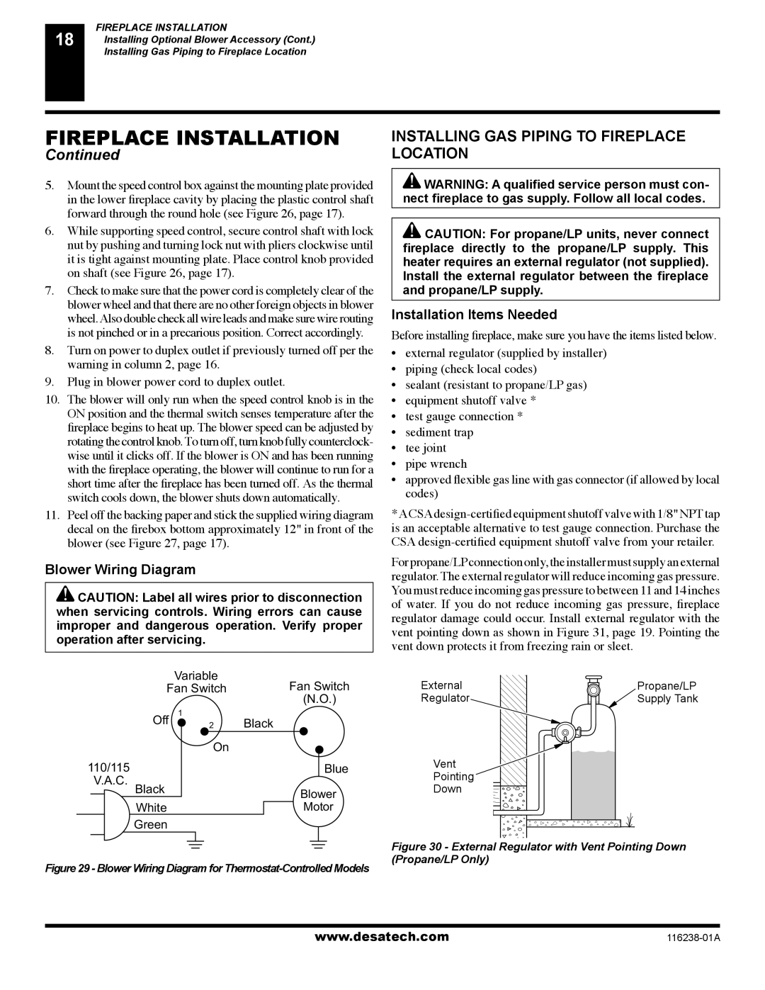 Desa (V)KC36NE Installing GAS Piping to Fireplace Location, Blower Wiring Diagram, Installation Items Needed 