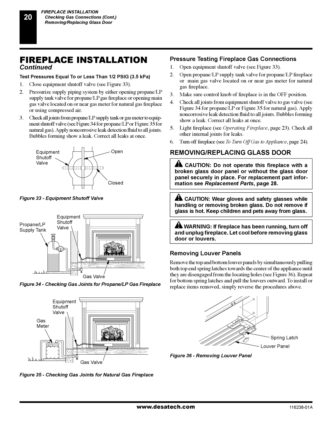 Desa (V)KC36NE REMOVING/REPLACING Glass Door, Pressure Testing Fireplace Gas Connections, Removing Louver Panels 