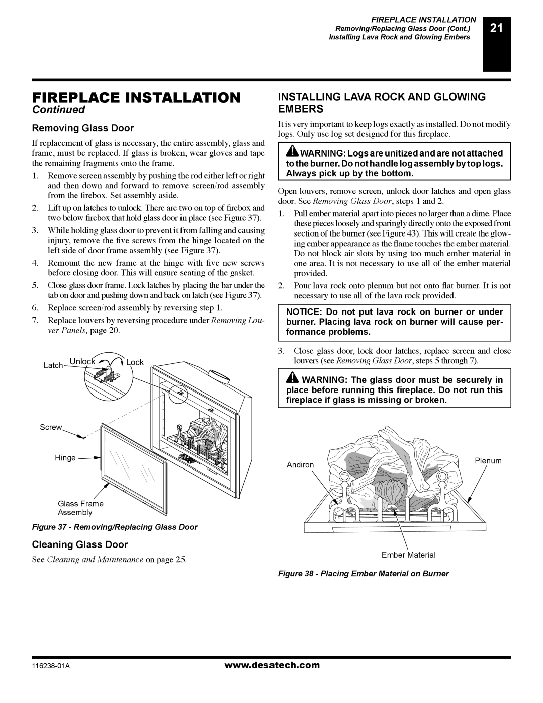 Desa (V)KC36NE installation manual Installing Lava Rock and Glowing Embers, Removing Glass Door, Cleaning Glass Door 