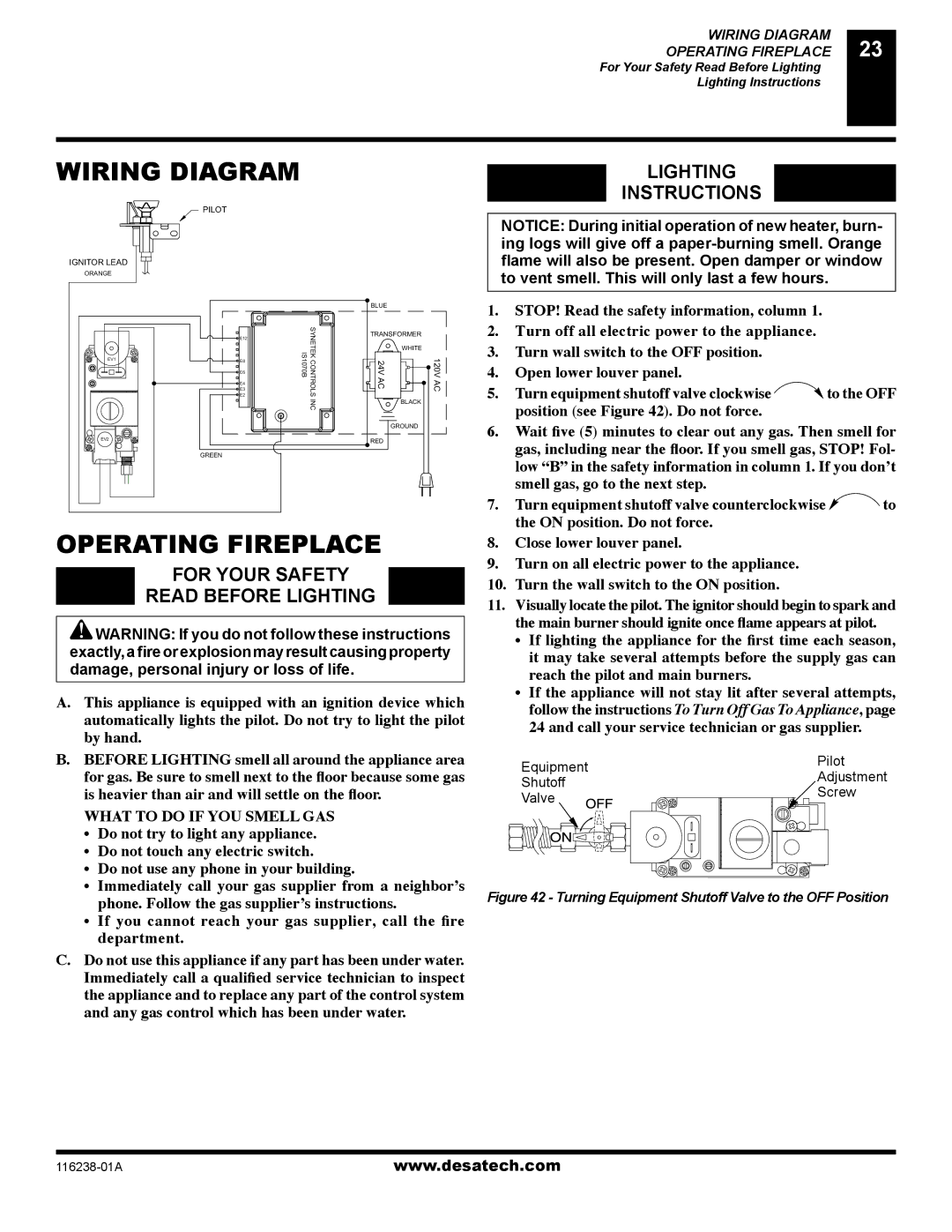 Desa (V)KC36NE installation manual Wiring Diagram, Operating Fireplace, Lighting Instructions, Equipment Pilot 