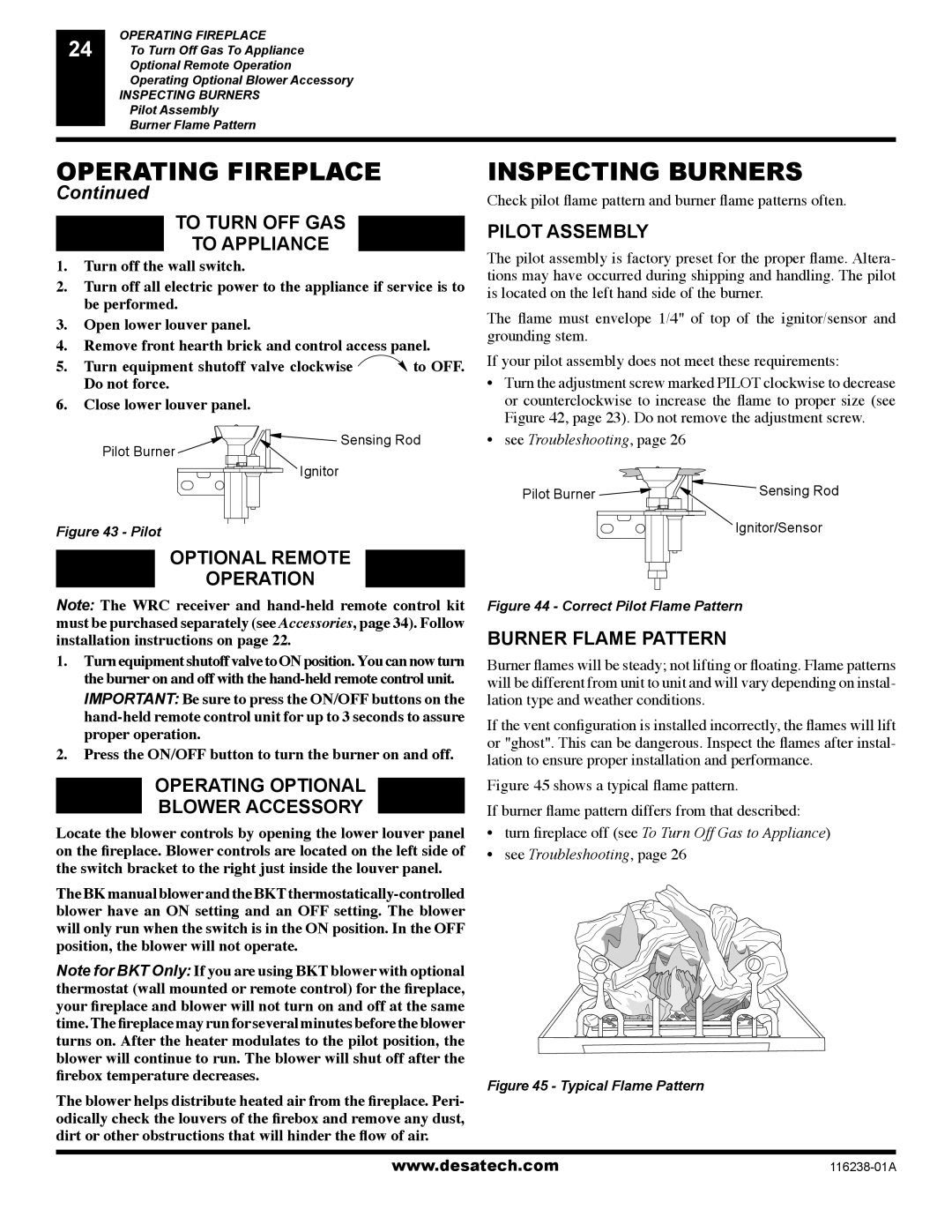 Desa (V)KC36NE To Turn OFF GAS To Appliance, Optional Remote, Operation, Operating Optional Blower Accessory 