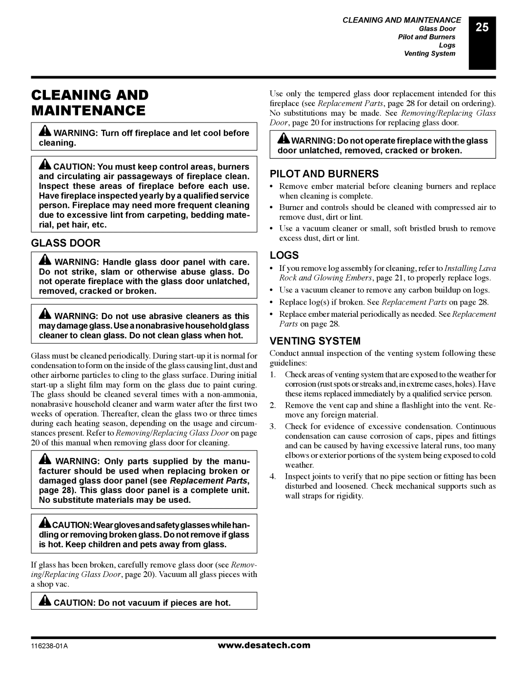 Desa (V)KC36NE installation manual Cleaning Maintenance, Glass Door, Pilot and Burners, Logs, Venting System 