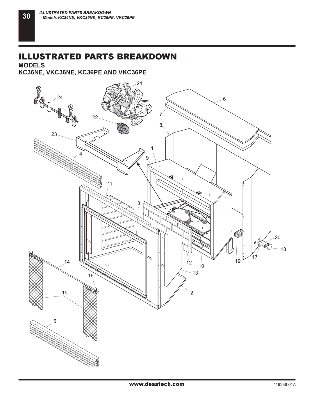 Desa (V)KC36NE installation manual Illustrated Parts Breakdown, Models KC36NE, VKC36NE, KC36PE and VKC36PE 