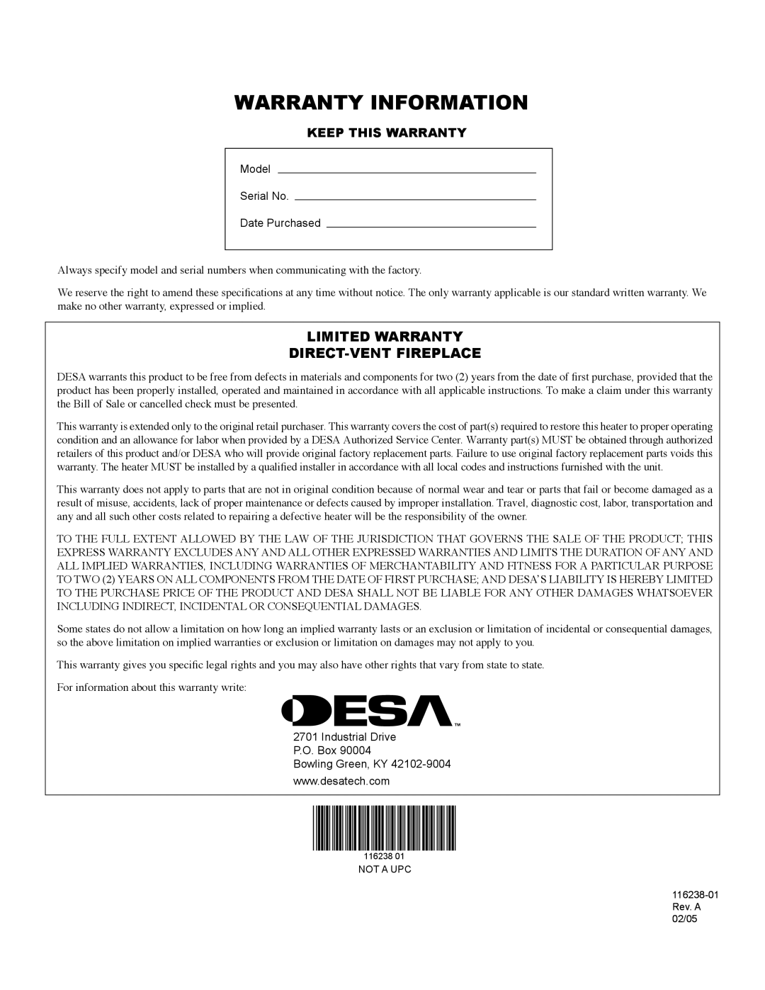 Desa (V)KC36NE installation manual Warranty Information, Model Serial No Date Purchased, Industrial Drive P.O. Box 