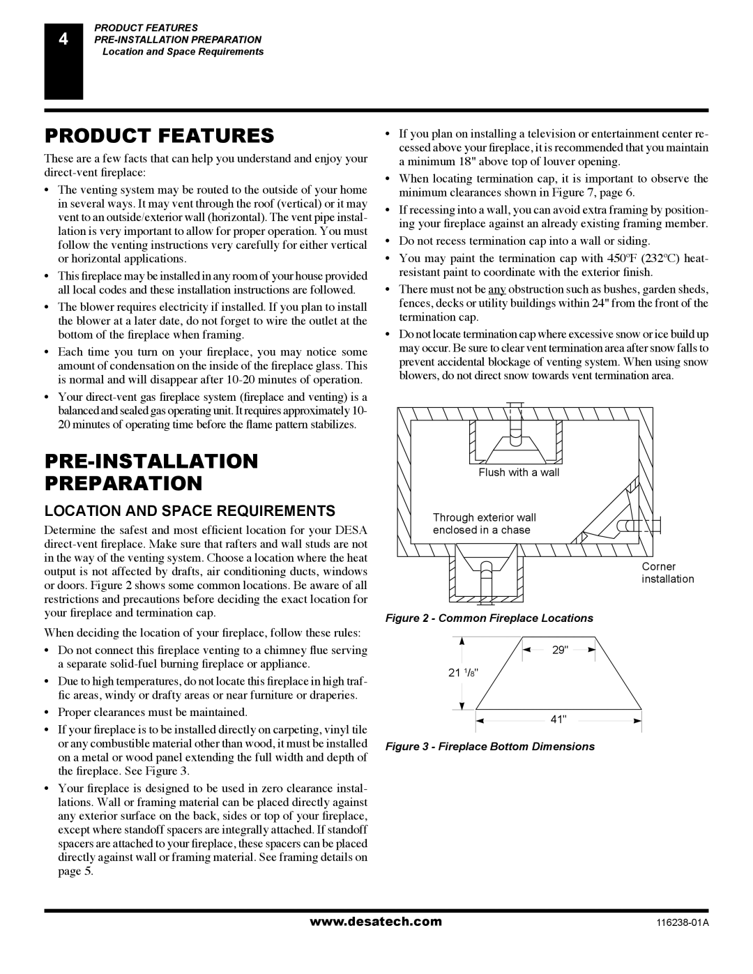 Desa (V)KC36NE installation manual Product Features, PRE-INSTALLATION Preparation, Location and Space Requirements 