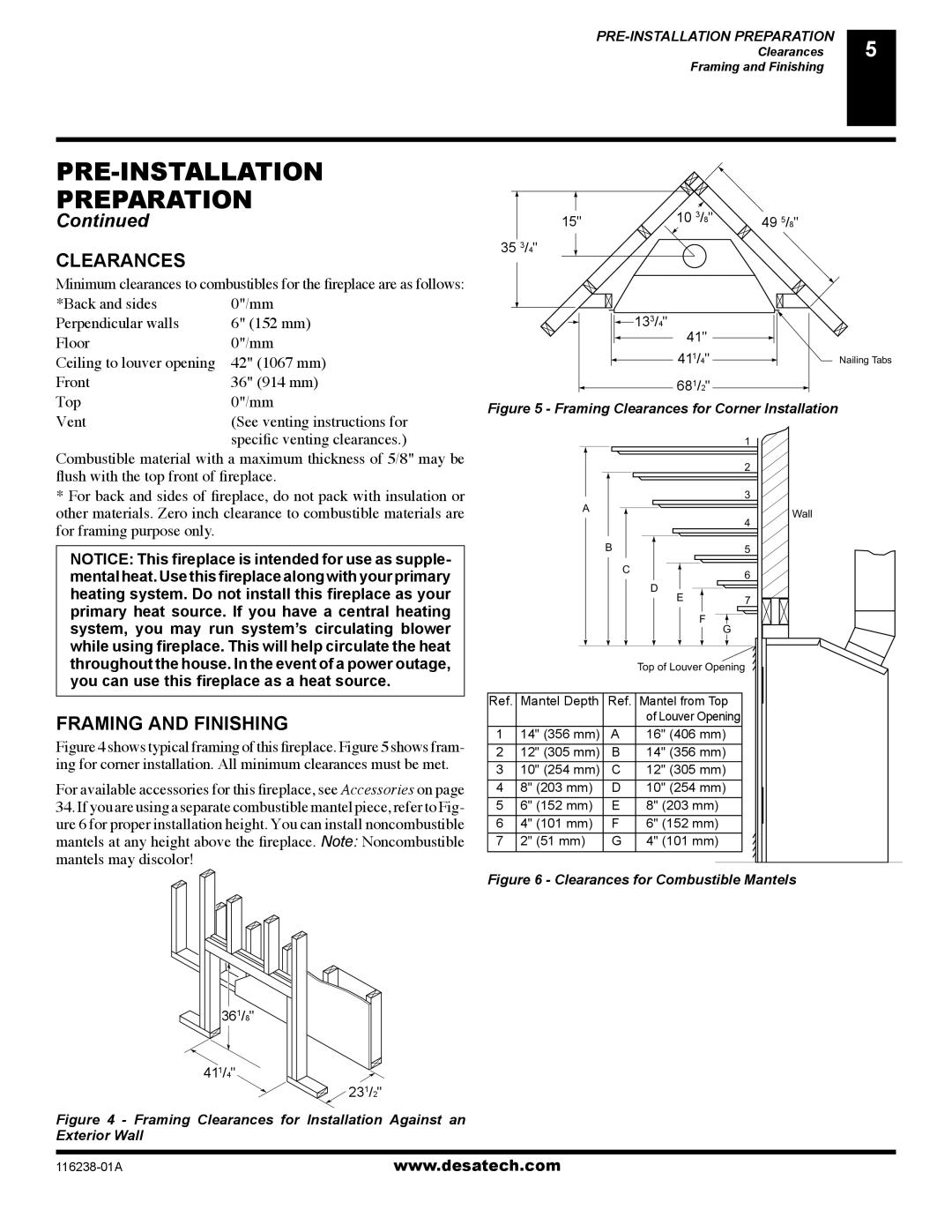 Desa (V)KC36NE installation manual Clearances, Framing and Finishing, Vent, Speciﬁc venting clearances 