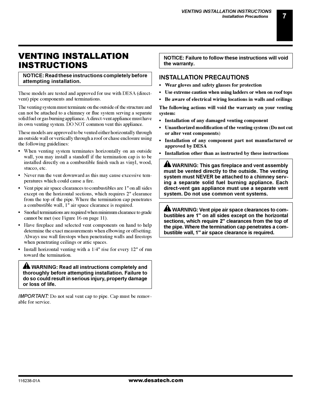 Desa (V)KC36NE installation manual Venting Installation Instructions, Installation Precautions 