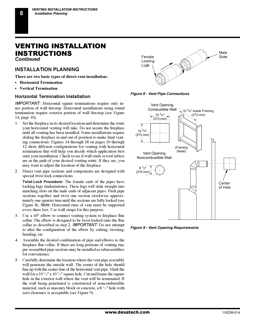 Desa (V)KC36NE Installation Planning, Horizontal Termination Installation, Male Female Slots Locking Lugs, Center 