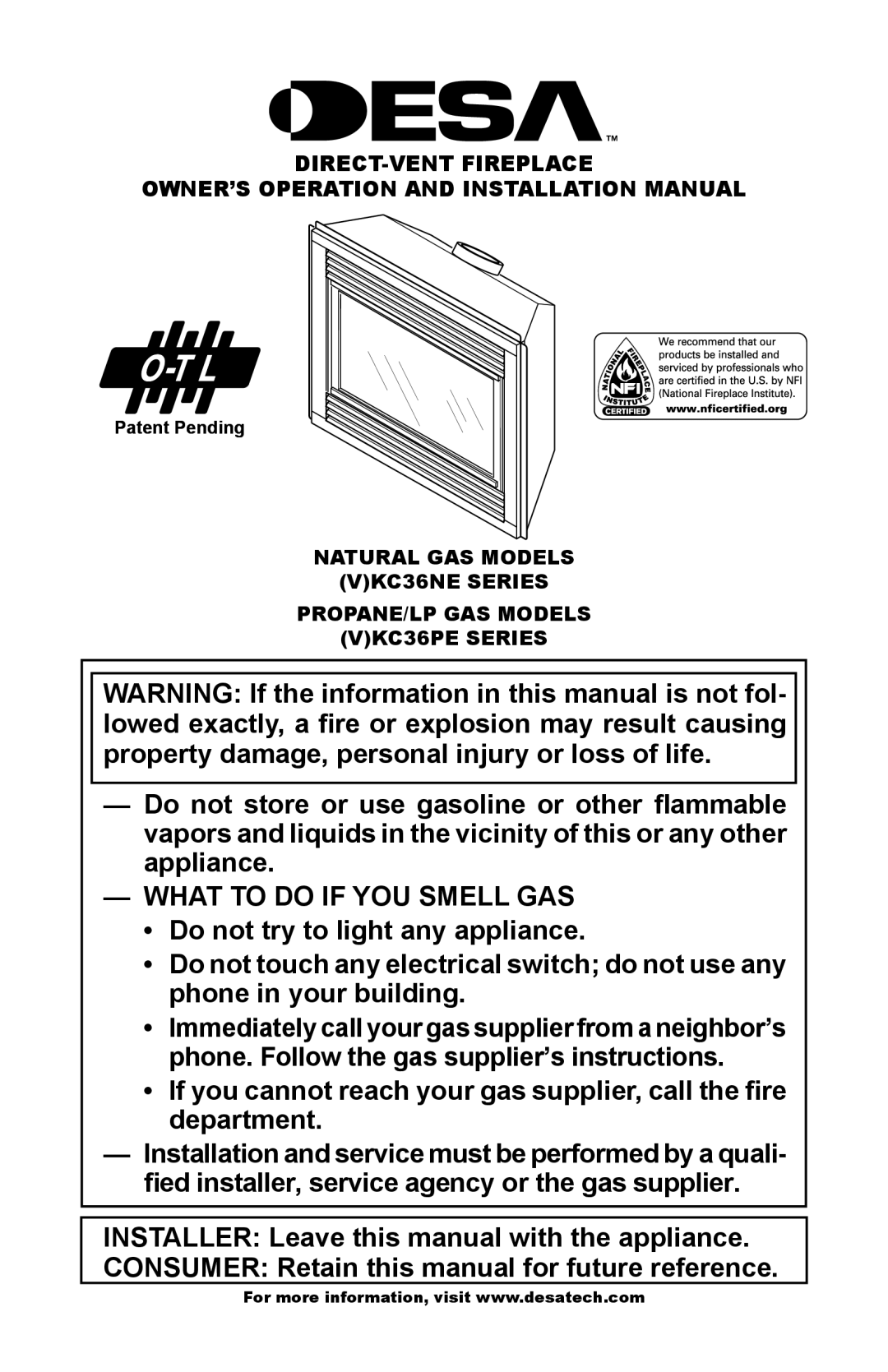 Desa (V)KC36NE Series, (V)KC36PE Series installation manual What to do if YOU Smell GAS, Patent Pending 