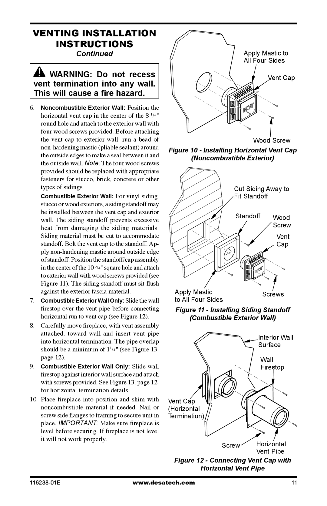 Desa (V)KC36NE Series, (V)KC36PE Series installation manual Installing Horizontal Vent Cap Noncombustible Exterior 