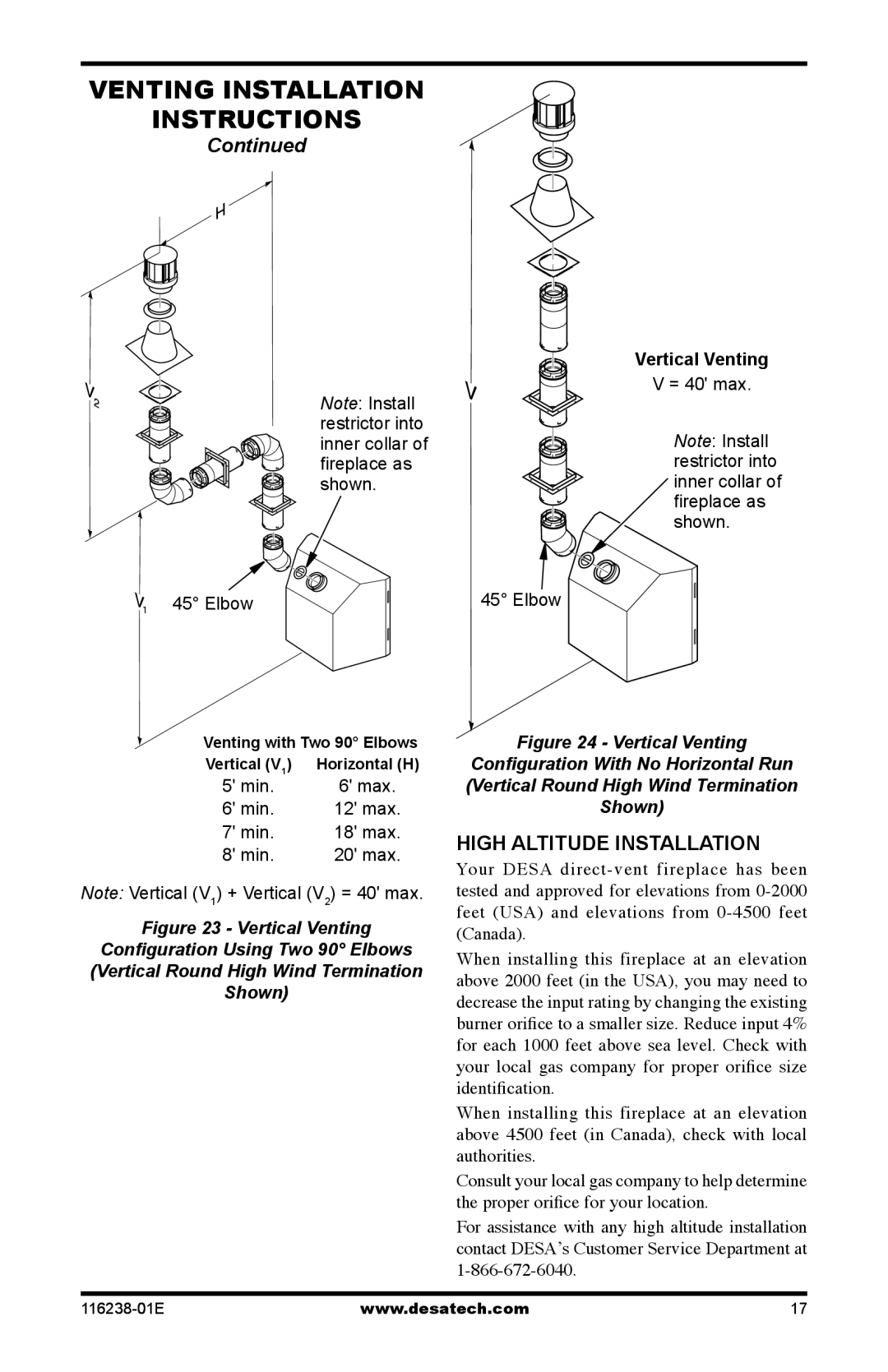 Desa (V)KC36NE Series, (V)KC36PE Series, (V)KC36PE SERIES, (V)KC36NE SERIES High Altitude Installation, Vertical Venting 