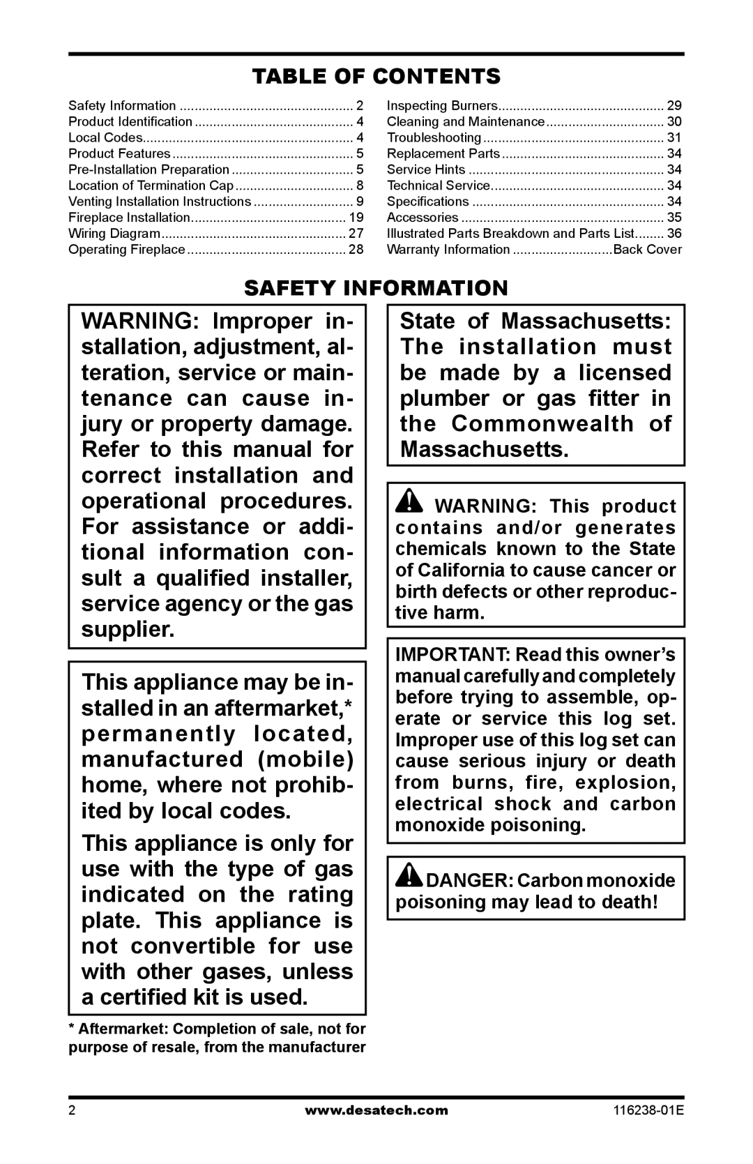 Desa (V)KC36PE SERIES, (V)KC36NE SERIES, (V)KC36NE Series, (V)KC36PE Series Table of Contents, Safety Information 