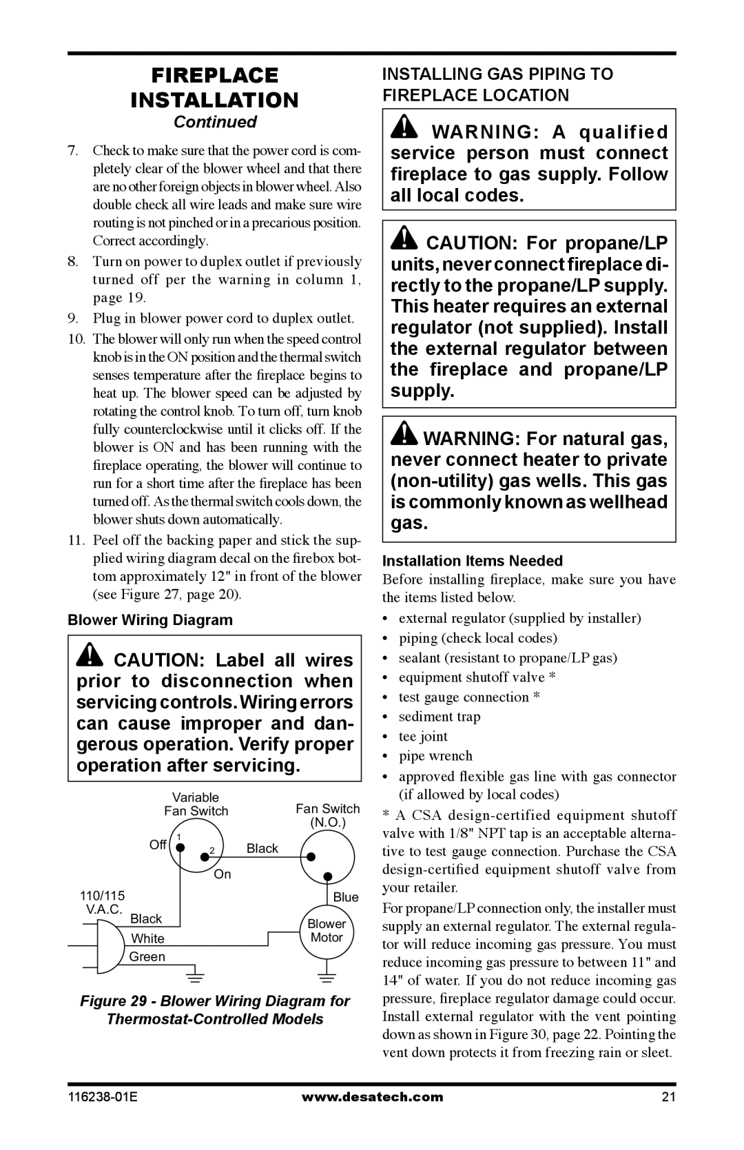 Desa (V)KC36NE Series, (V)KC36PE Series Installing Gas Piping to Fireplace Location, Blower Wiring Diagram 