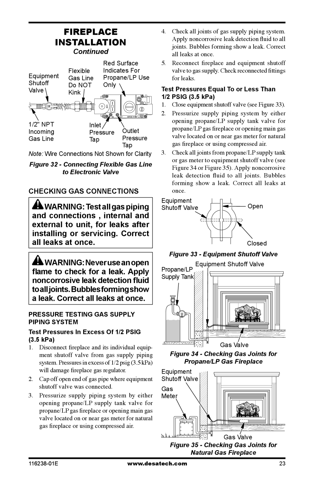 Desa (V)KC36NE Series, (V)KC36PE Series Checking GAS Connections, Test Pressures Equal To or Less Than Psig 3.5 kPa 