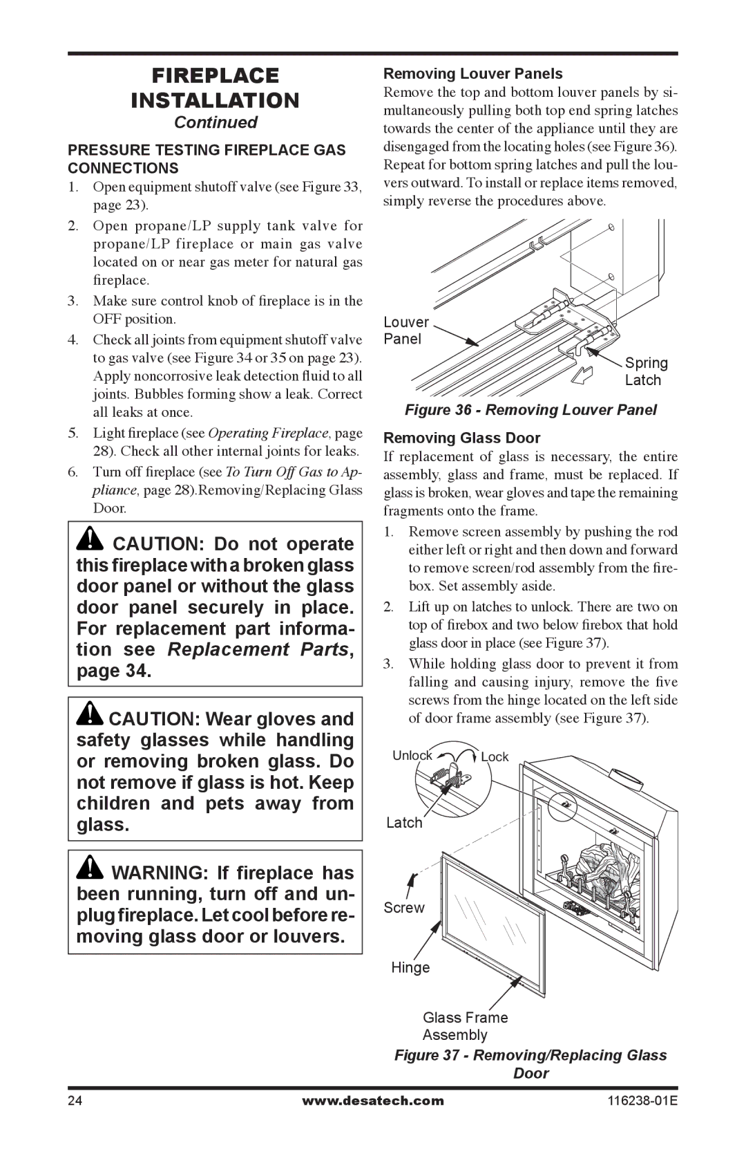 Desa (V)KC36PE SERIES, (V)KC36NE SERIES Pressure Testing Fireplace Gas Connections, Removing Louver Panels 