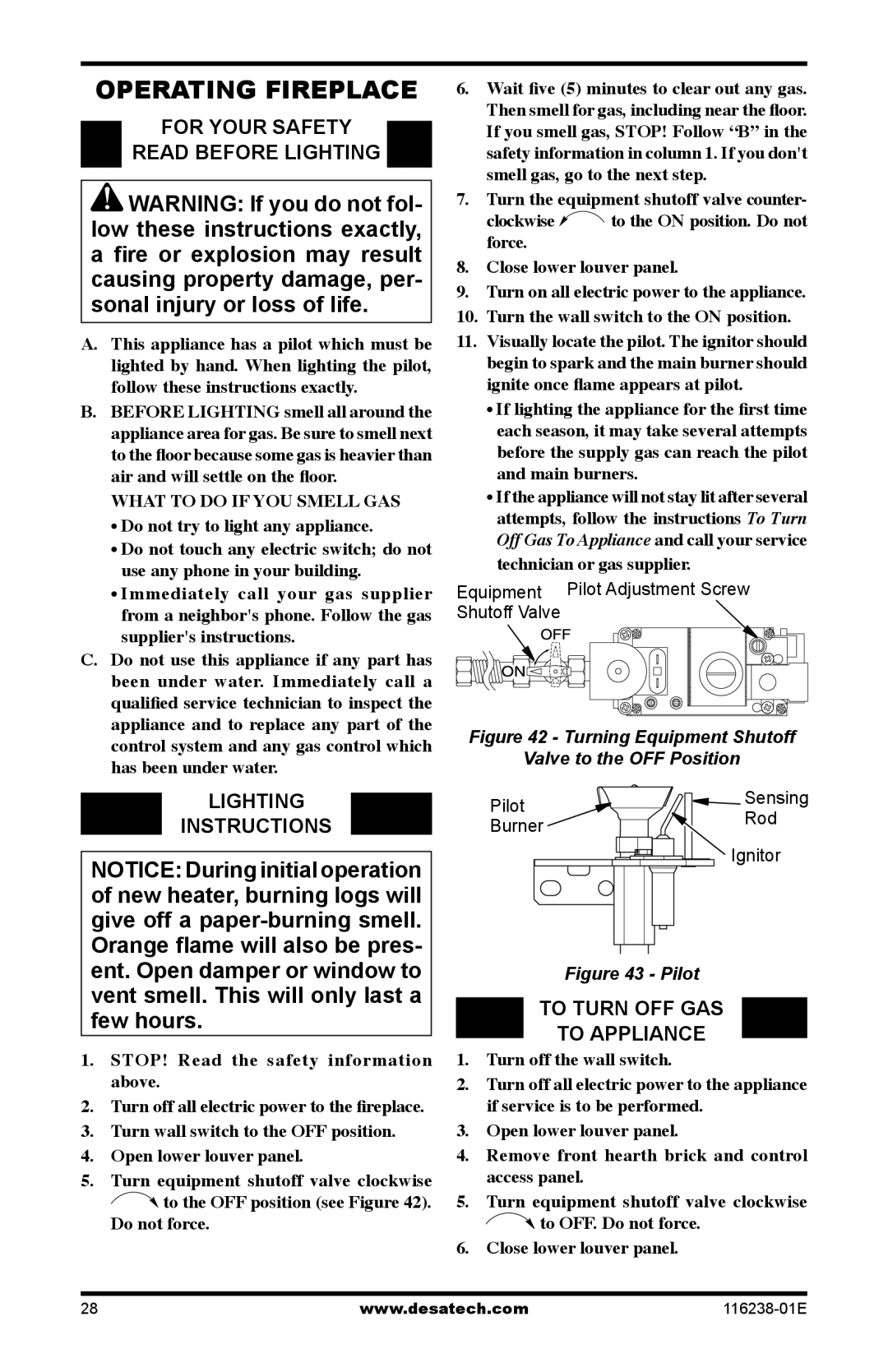 Desa (V)KC36PE SERIES, (V)KC36NE SERIES Operating Fireplace, For your safety Read before lighting, Lighting Instructions 