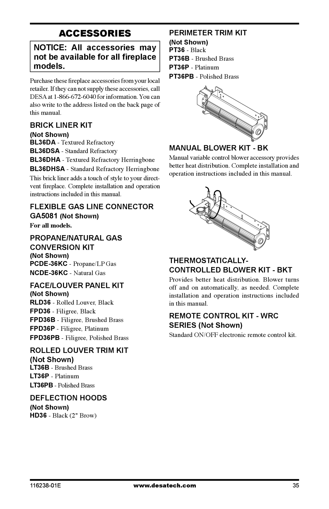 Desa (V)KC36NE Series, (V)KC36PE Series, (V)KC36PE SERIES, (V)KC36NE SERIES installation manual Accessories 