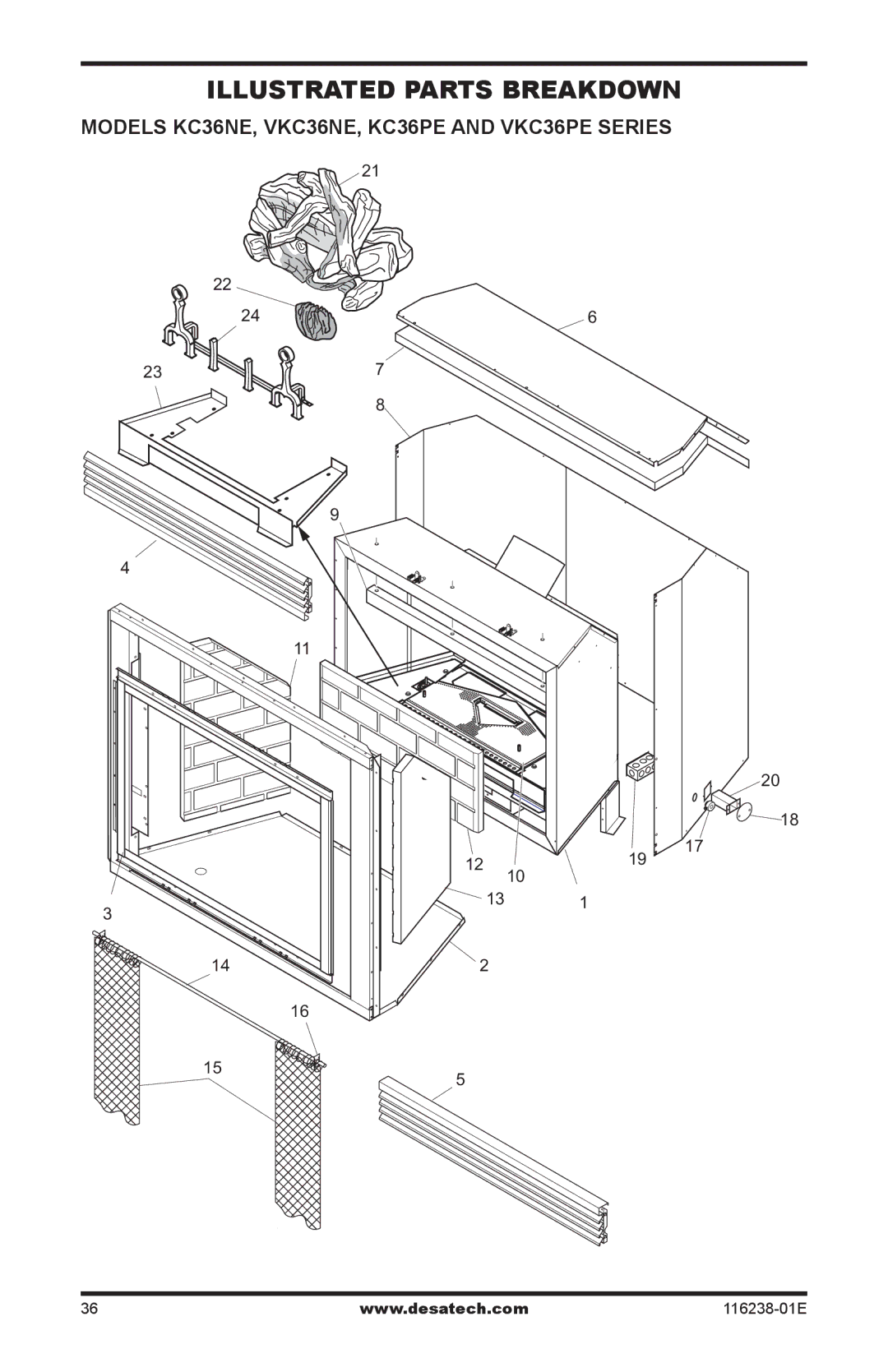 Desa (V)KC36PE SERIES, (V)KC36NE SERIES Illustrated Parts Breakdown, Models KC36NE, VKC36NE, KC36PE and VKC36PE series 