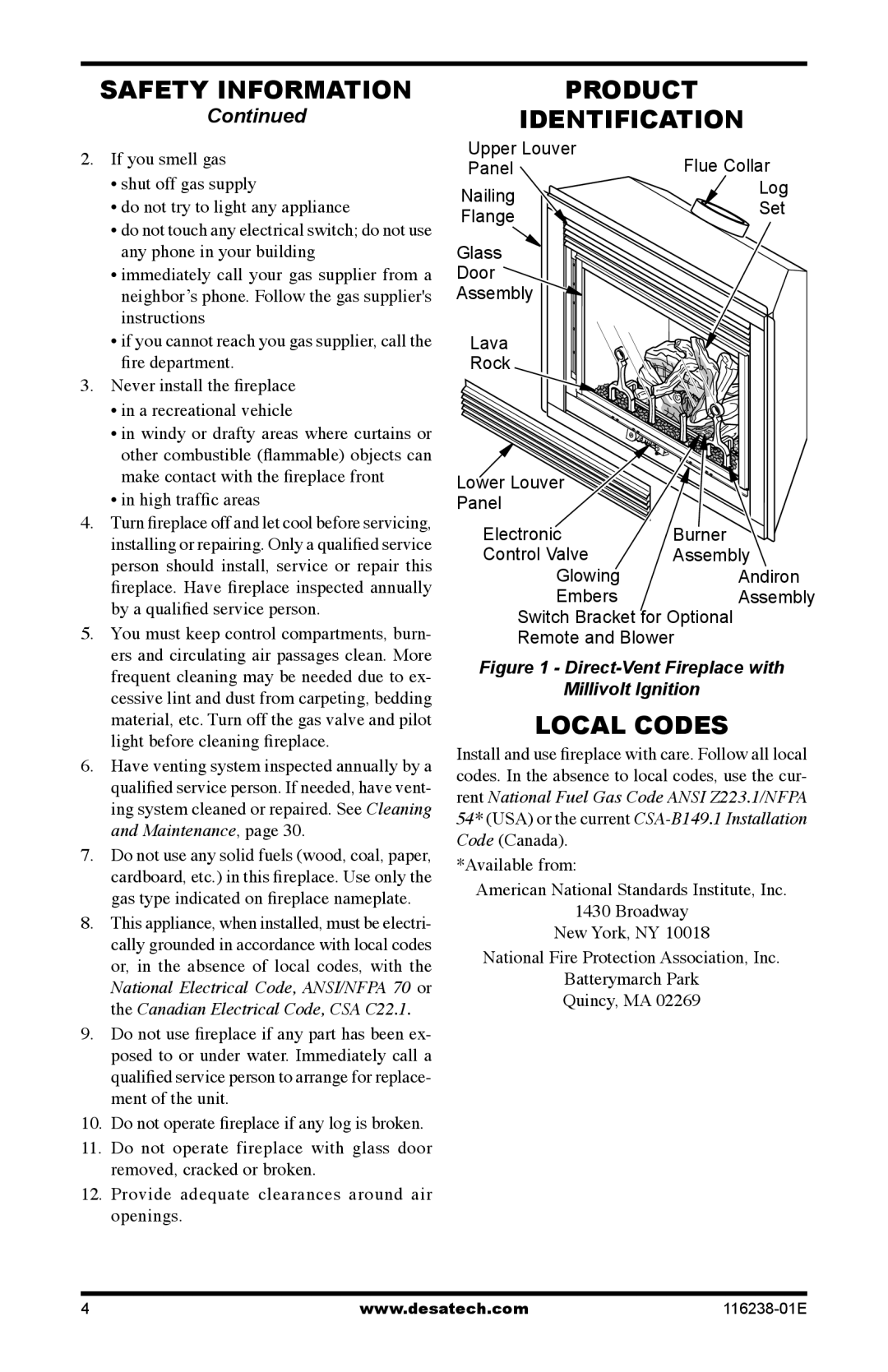 Desa (V)KC36PE SERIES, (V)KC36NE SERIES installation manual Product Identification, Local Codes, High traffic areas 