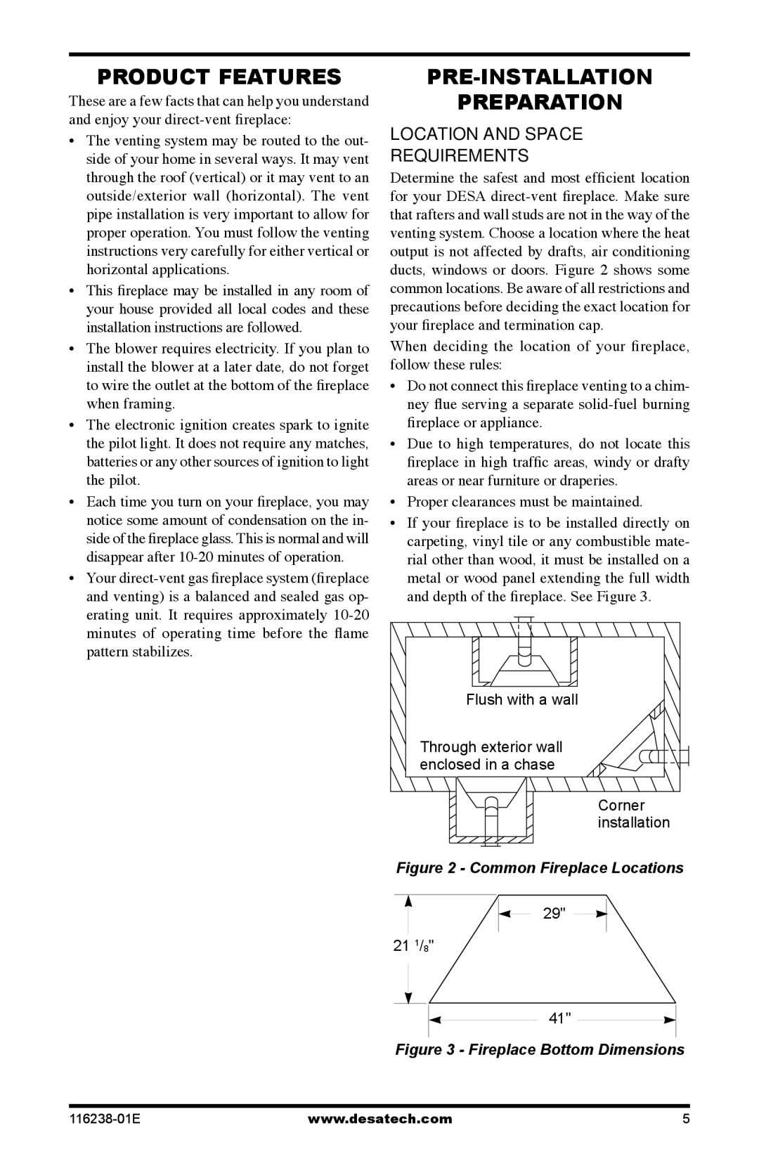 Desa (V)KC36NE Series, (V)KC36PE Series Product Features, Pre-Installation Preparation, Location and space requirements 