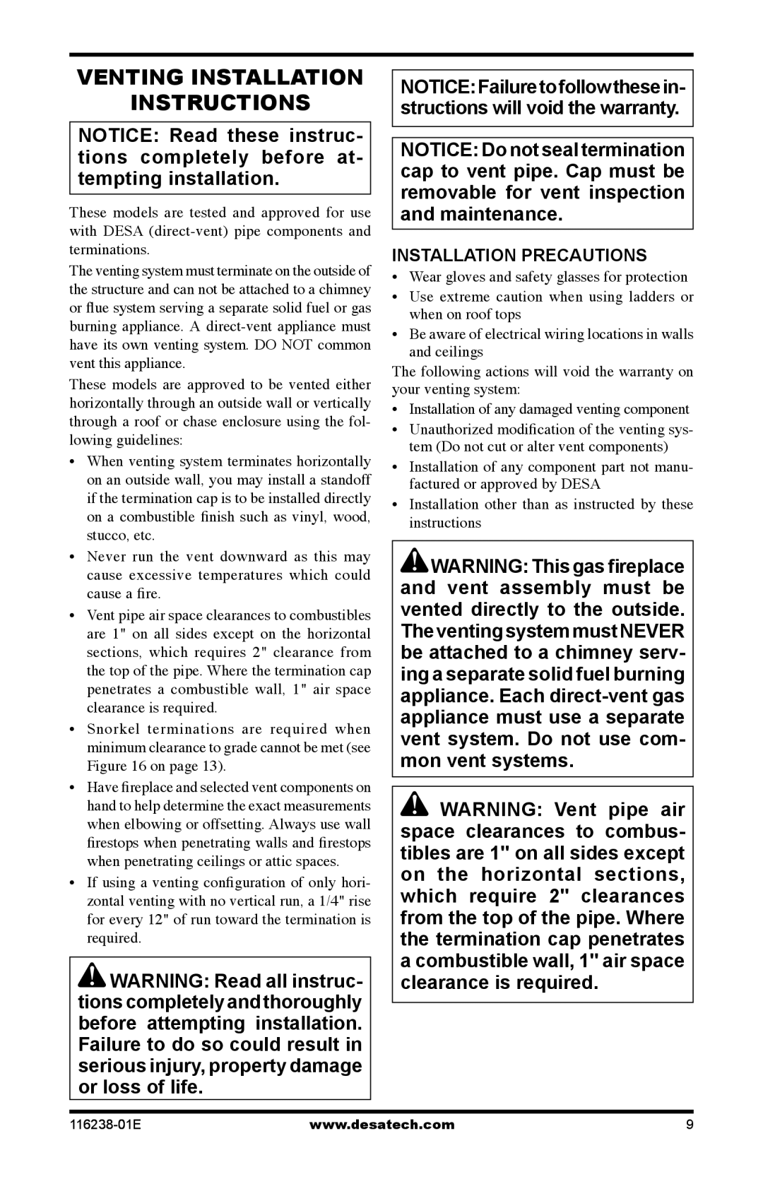 Desa (V)KC36NE Series, (V)KC36PE Series installation manual Venting Installation Instructions, Installation Precautions 