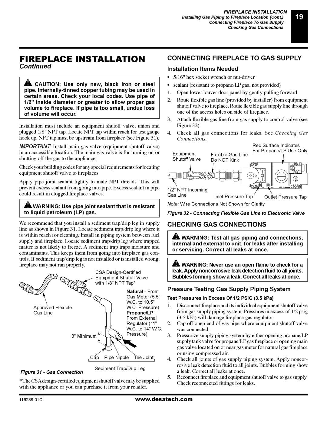 Desa (V)KC36PE Connecting Fireplace to GAS Supply, Checking GAS Connections, Pressure Testing Gas Supply Piping System 