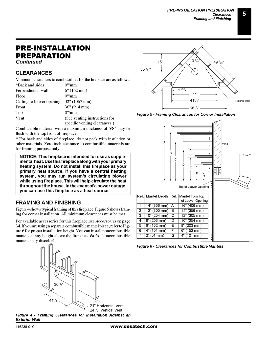 Desa (V)KC36PE installation manual Clearances, Framing and Finishing, Vent, Speciﬁc venting clearances 