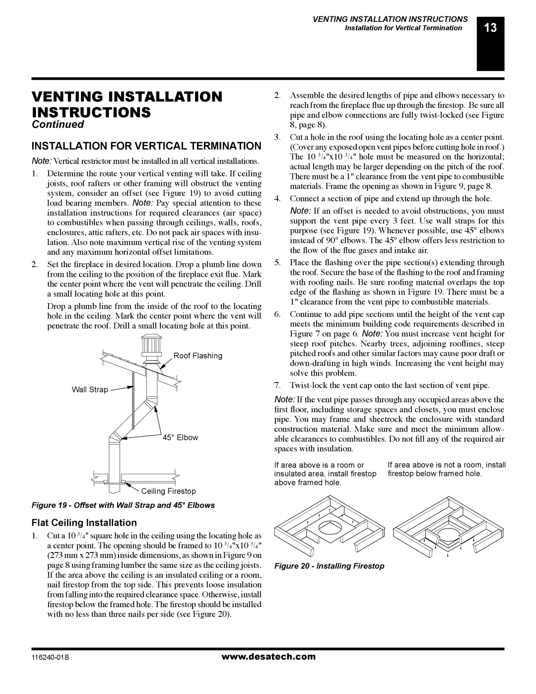 Desa (V)KC42NE SERIE Installation for Vertical Termination, Flat Ceiling Installation, If area above is a room or 