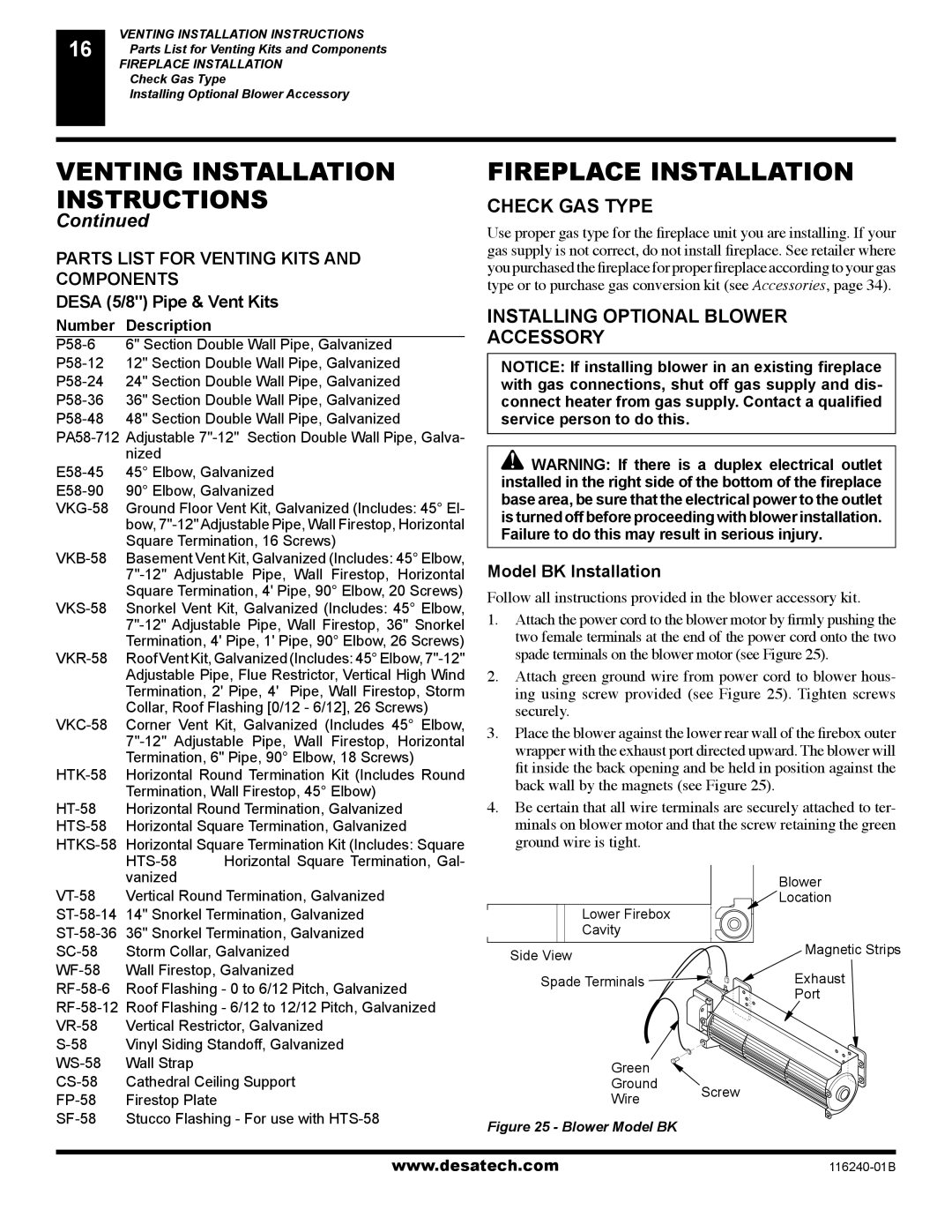 Desa (V)KC42NE SERIE Venting Installation, Fireplace Installation Check GAS Type, Installing Optional Blower Accessory 