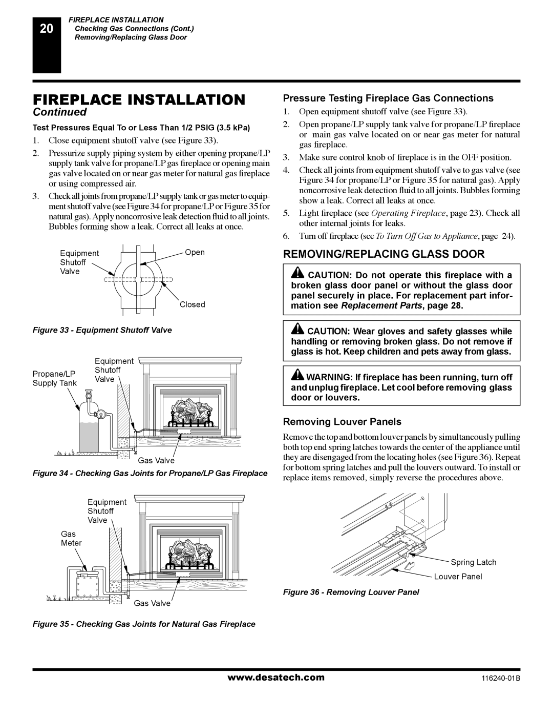 Desa (V)KC42NE SERIE REMOVING/REPLACING Glass Door, Pressure Testing Fireplace Gas Connections, Removing Louver Panels 