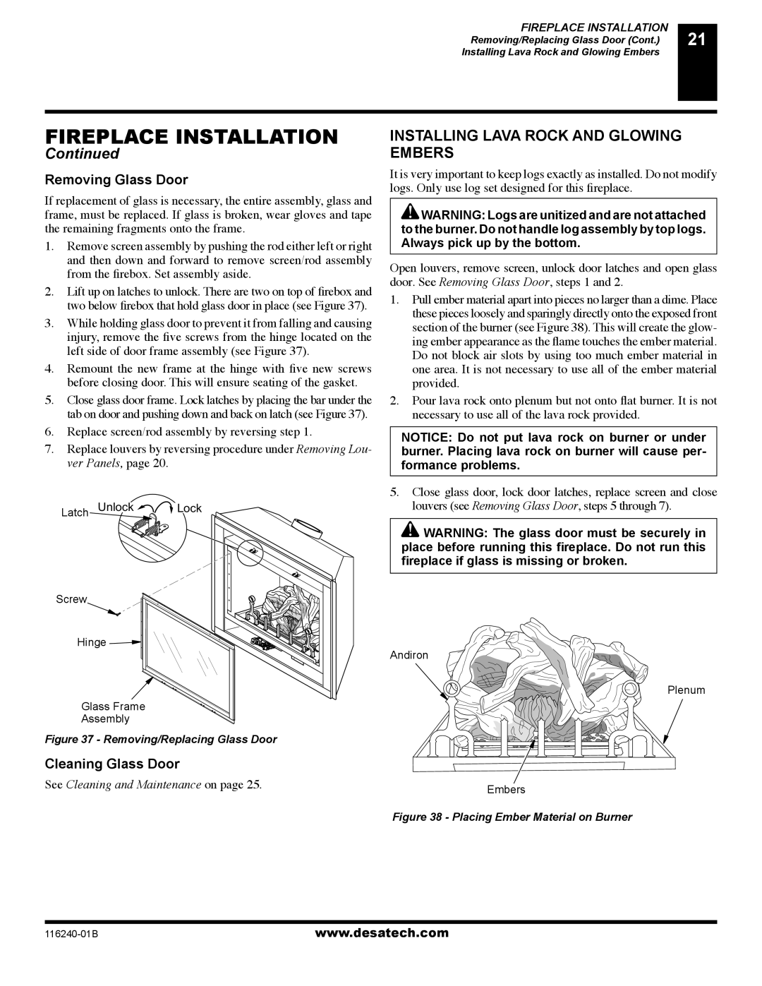 Desa (V)KC42NE SERIE installation manual Installing Lava Rock and Glowing Embers, Removing Glass Door, Cleaning Glass Door 