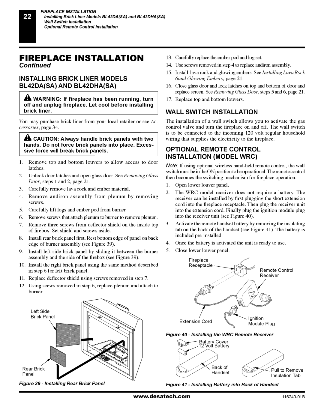 Desa (V)KC42NE SERIE installation manual Installing Brick Liner Models BL42DASA and BL42DHASA, Wall Switch Installation 