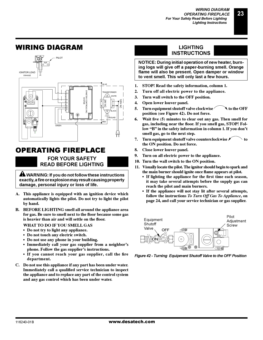 Desa (V)KC42NE SERIE installation manual Wiring Diagram, Operating Fireplace, Lighting Instructions, Equipment Pilot 