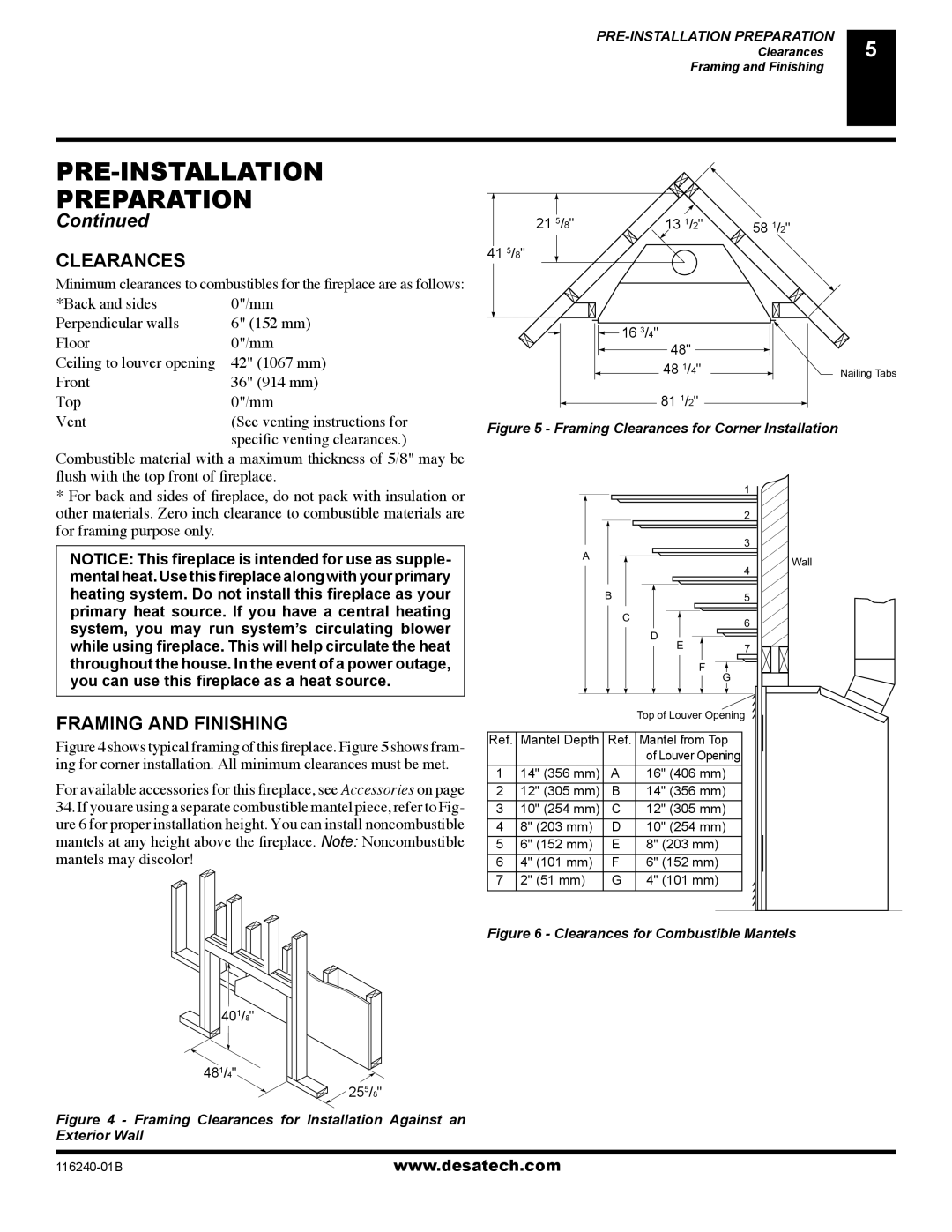 Desa (V)KC42NE SERIE Clearances, Framing and Finishing, 13 1, 41 5/8 16 3/4 48 48 1/4 81 1/2 58 1/2, 401/8 481/4 255/8 