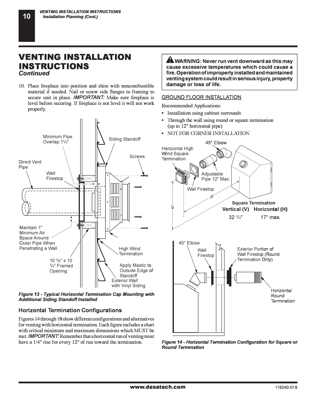Desa (V)KC42NE SERIE installation manual VENTING INSTALLATION INSTRUCTIONS Continued, Horizontal Termination Conﬁgurations 