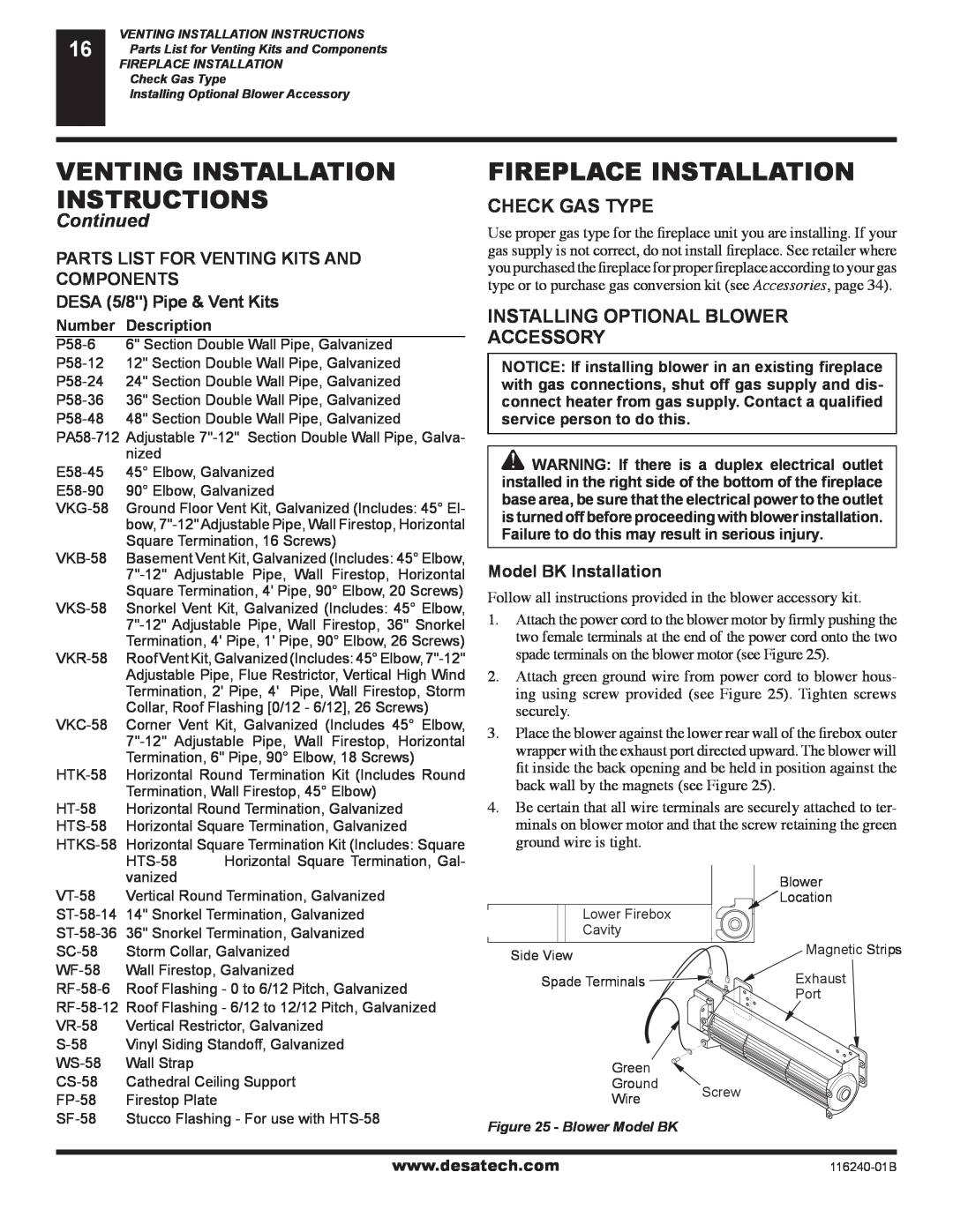 Desa (V)KC42NE SERIE Venting Installation, Instructions, Continued, Parts List For Venting Kits And, Components 