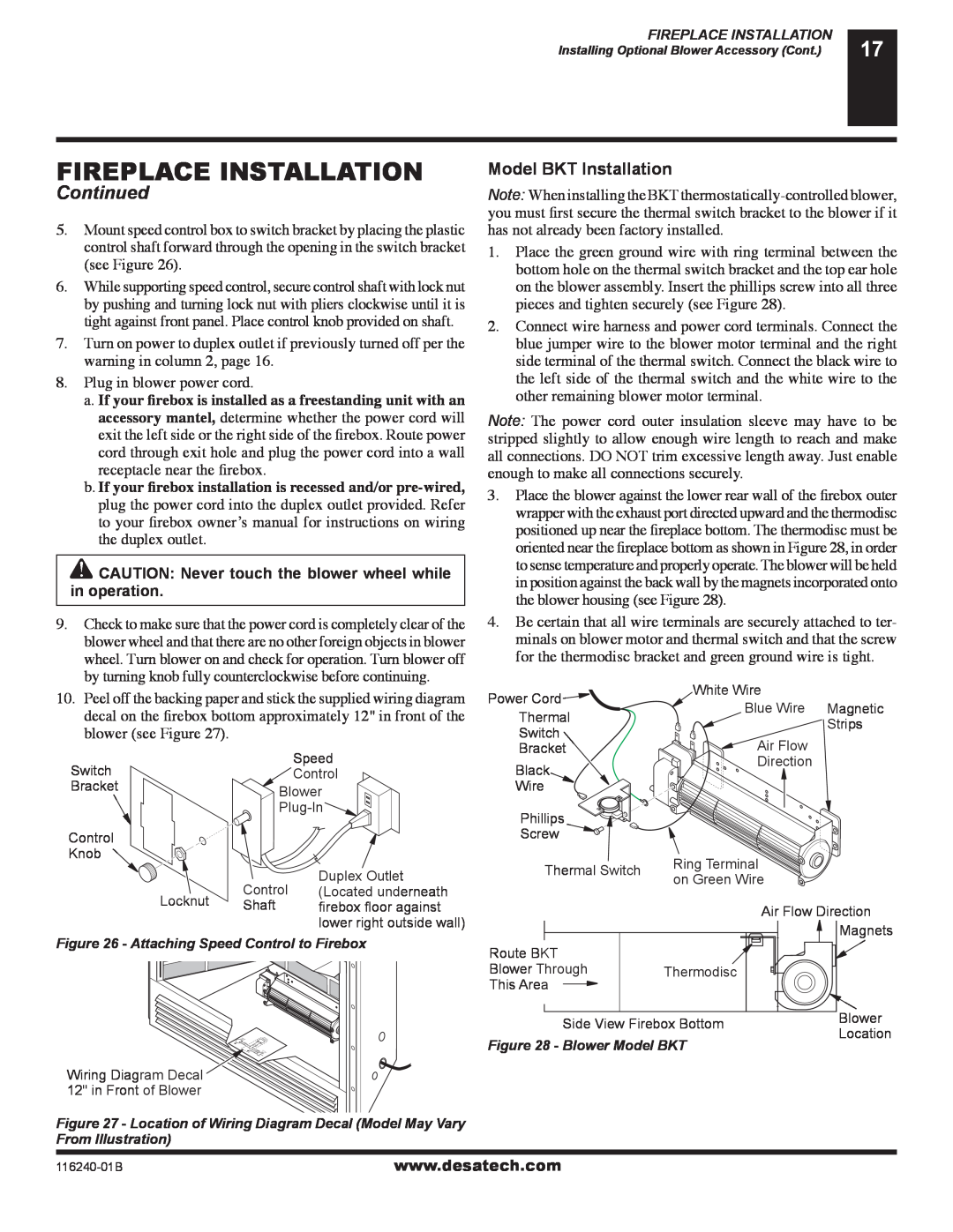 Desa (V)KC42NE SERIE installation manual Fireplace Installation, Continued, Model BKT Installation 