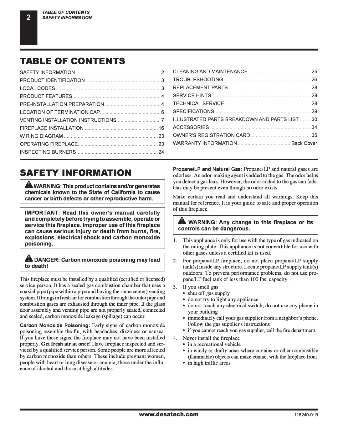 Desa (V)KC42NE SERIE installation manual Table Of Contents, Safety Information 