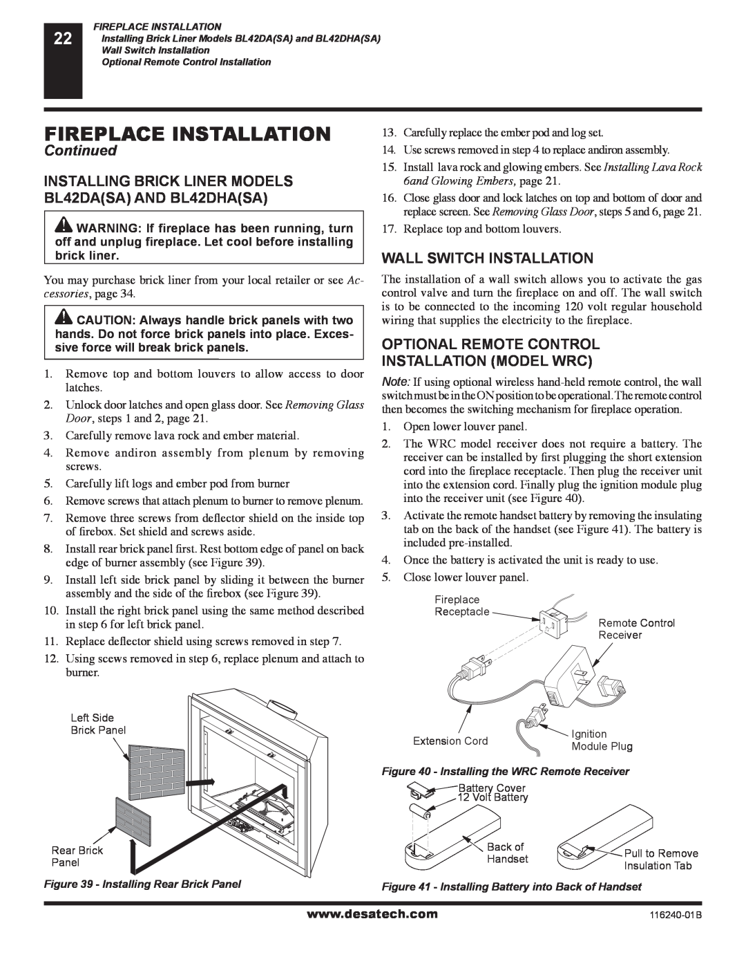 Desa (V)KC42NE SERIE installation manual Fireplace Installation, Continued, Wall Switch Installation 