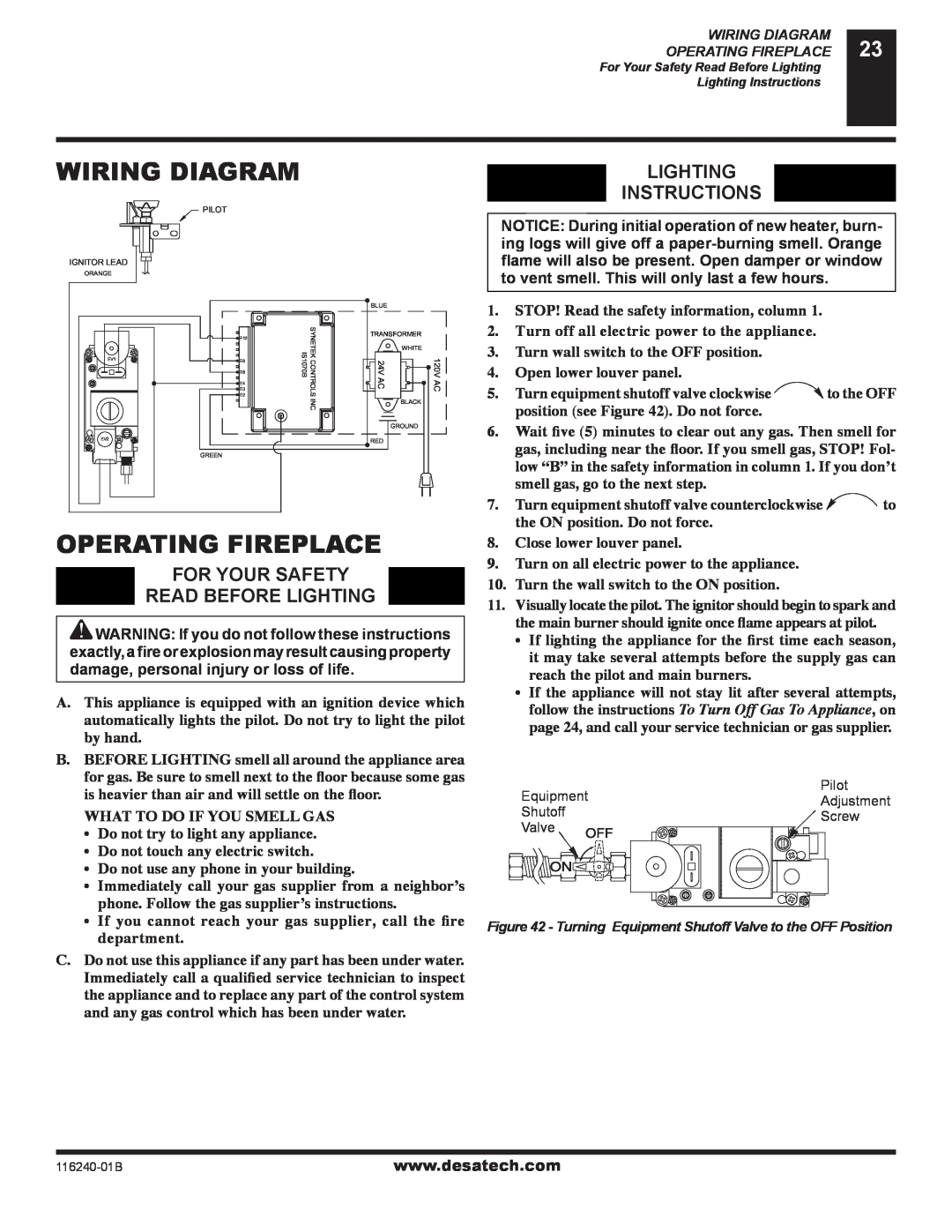 Desa (V)KC42NE SERIE Wiring Diagram, Operating Fireplace, Lighting Instructions, For Your Safety, Read Before Lighting 