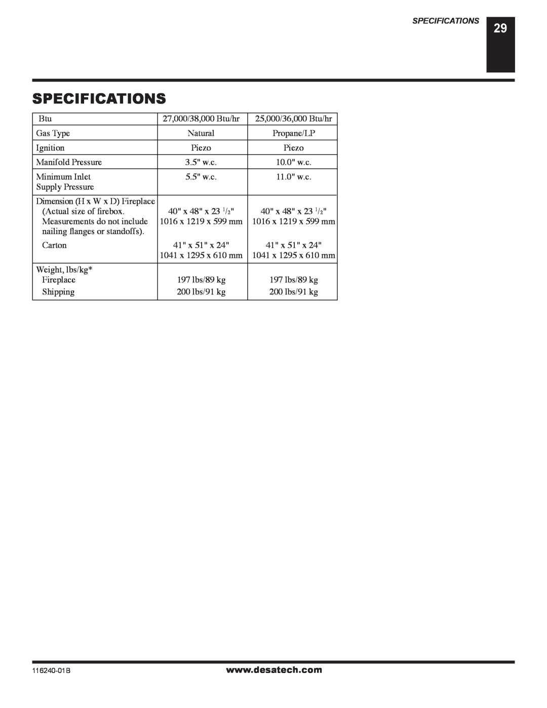 Desa (V)KC42NE SERIE installation manual Specifications 