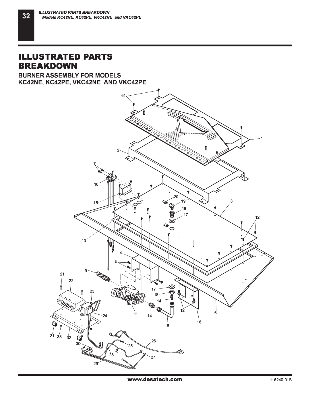 Desa (V)KC42NE SERIE Illustrated Parts Breakdown, Burner Assembly For Models, KC42NE, KC42PE, VKC42NE AND VKC42PE 