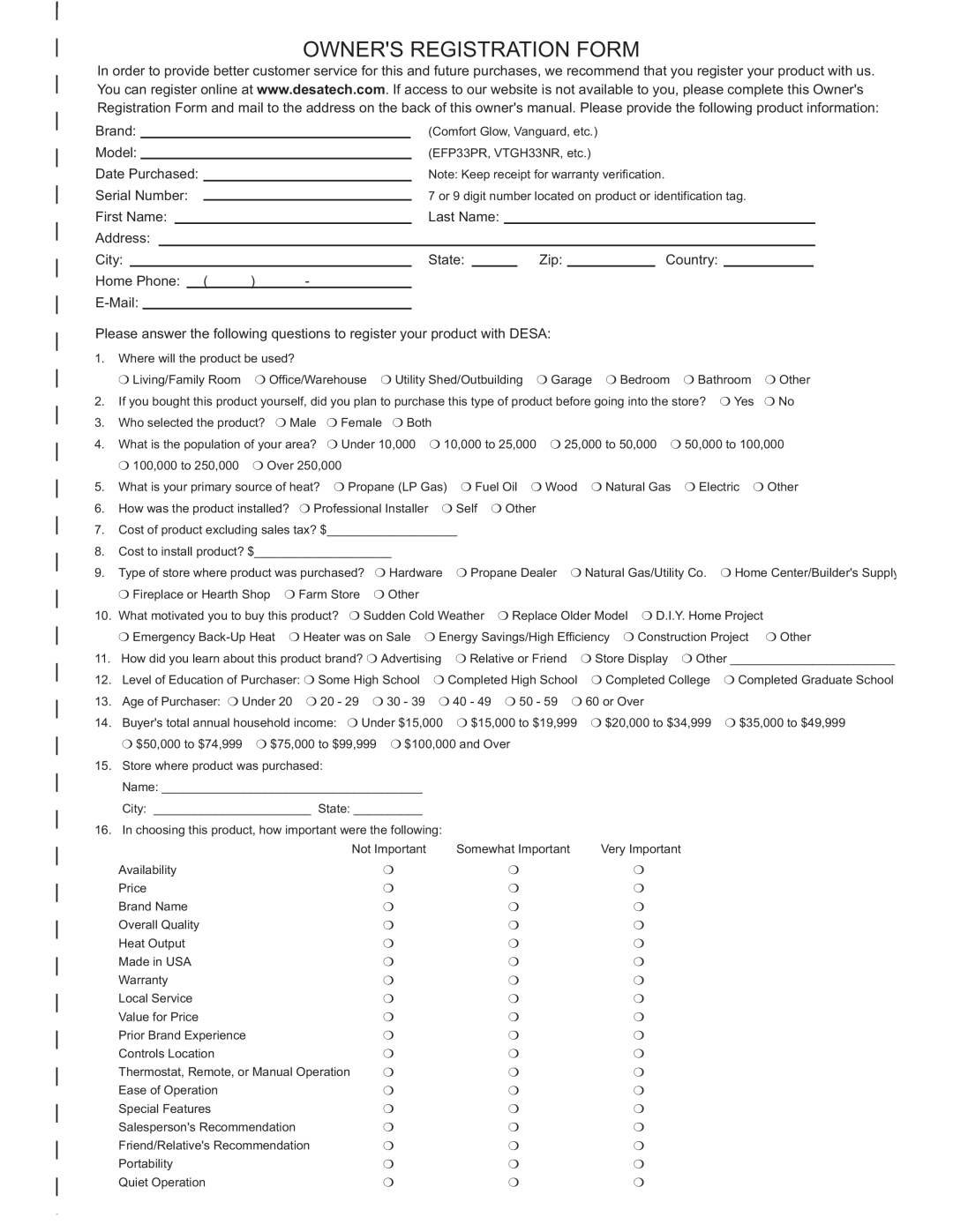 Desa (V)KC42NE SERIE installation manual Owners Registration Form 