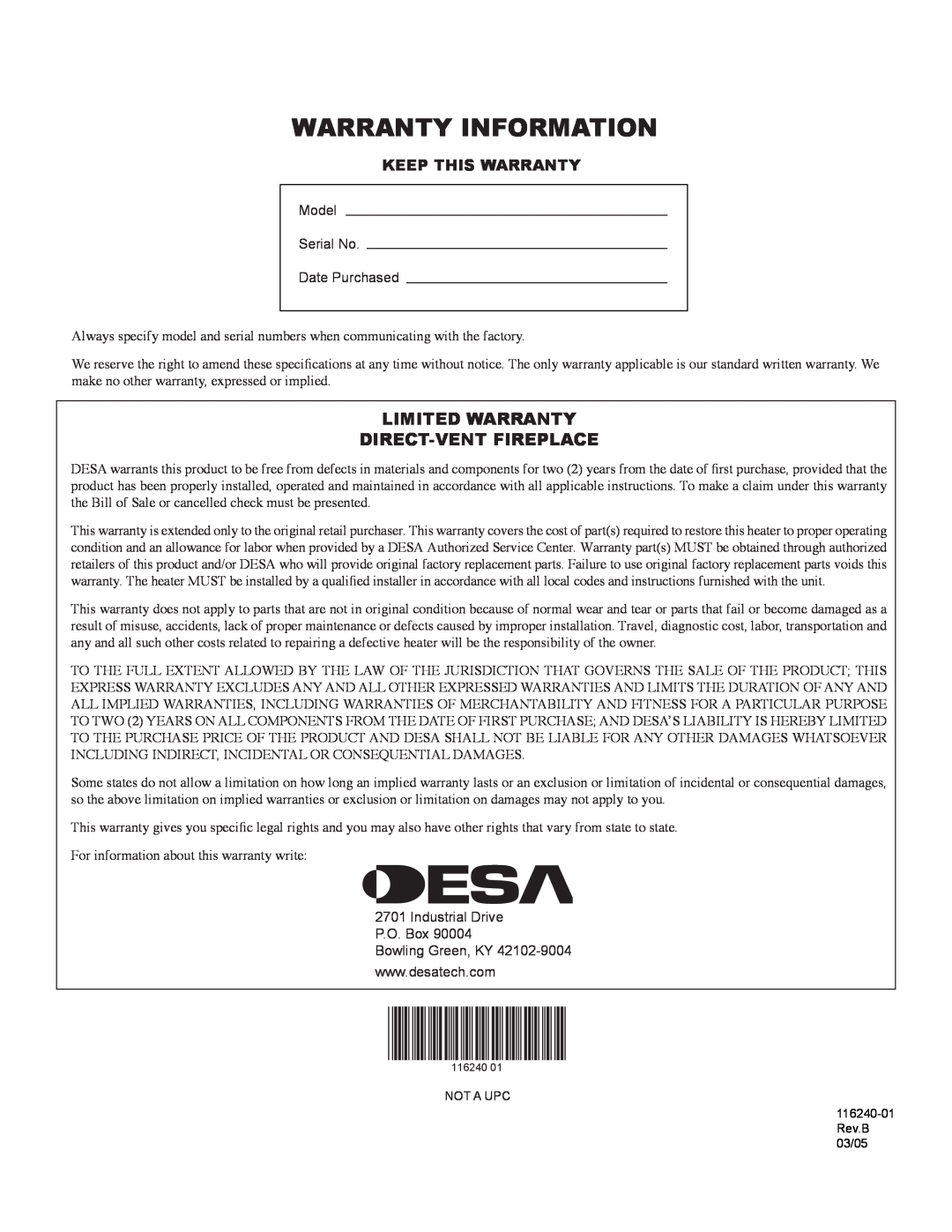 Desa (V)KC42NE SERIE installation manual Warranty Information, Limited Warranty Direct-Ventfireplace 
